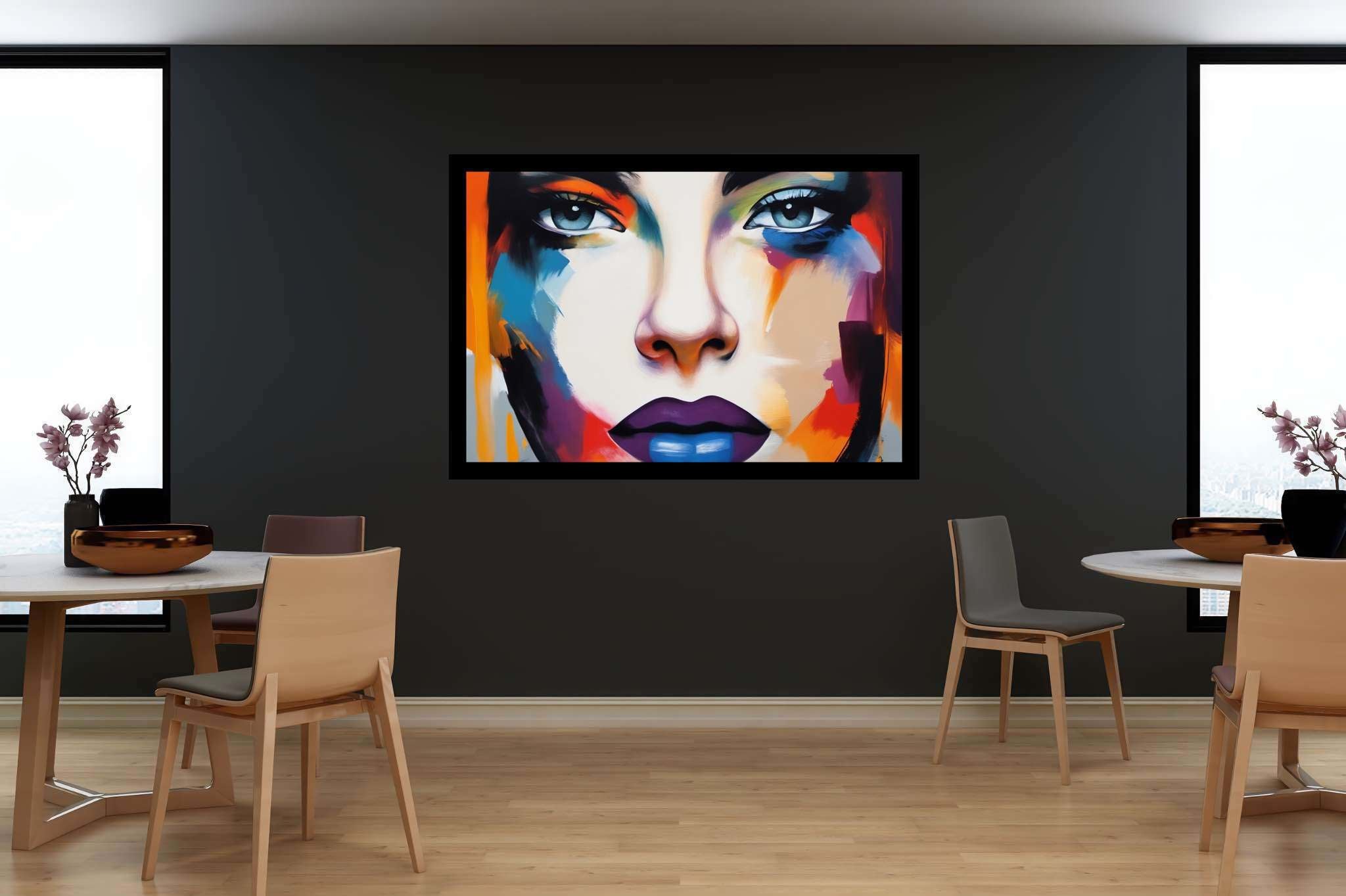 Luminous gaze of psyche: Surreal art with subconscious expressions, in a room with innovative layout, fine art prints, and home styling items. The art can be printed on poster, framed poster, canvas, metal, acrylic or wood, exclusively at WallArtZen. Find this exact print at https://wallartzen.com/waz272