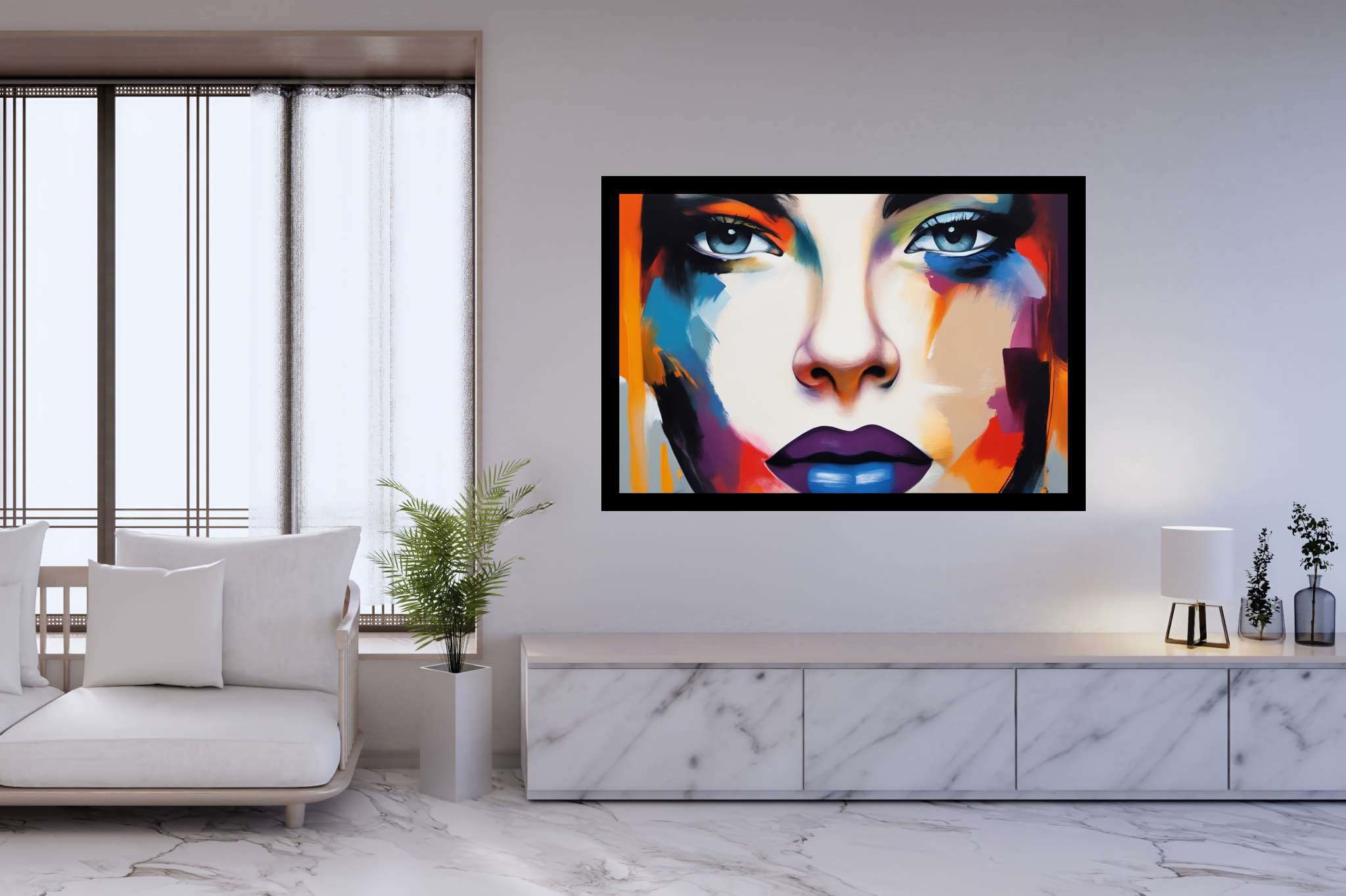 Luminous gaze of psyche: Surreal art with visionary art, in a room with elegant layout, bespoke art designs, and trendy home accents. The art can be printed on poster, framed poster, canvas, metal, acrylic or wood, exclusively at WallArtZen. Find this exact print at https://wallartzen.com/waz272