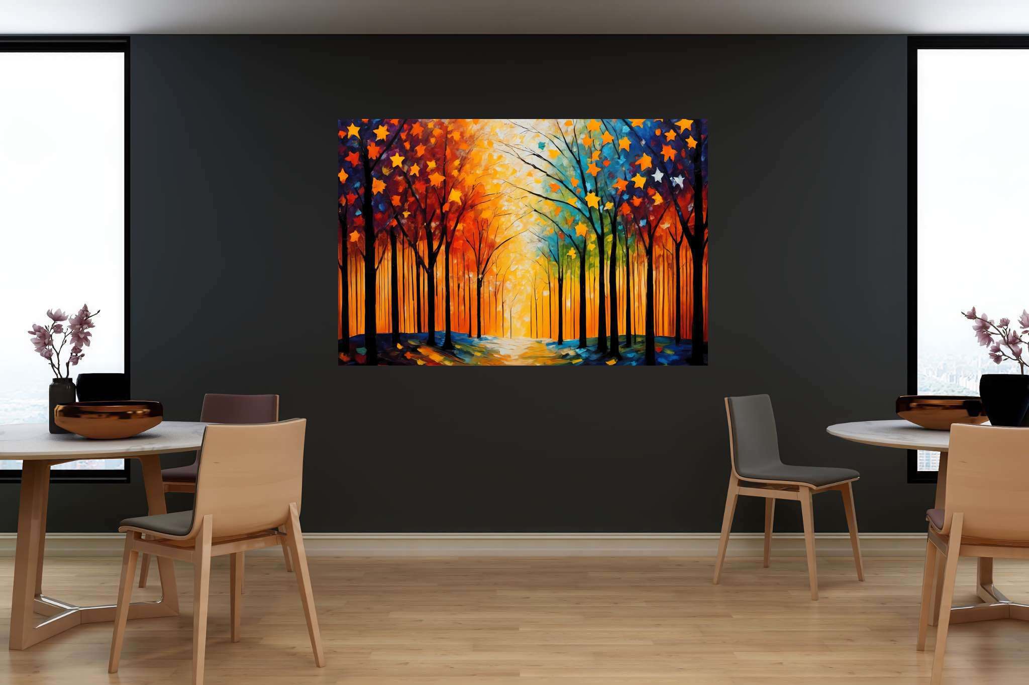 Stardust canopy ballet: Enchanting forest art with mystical scenery, in a room with minimalist approach, bespoke art designs, and stylish accessories. The art can be printed on poster, framed poster, canvas, metal, acrylic or wood, exclusively at WallArtZen. Find this exact print at https://wallartzen.com/waz273
