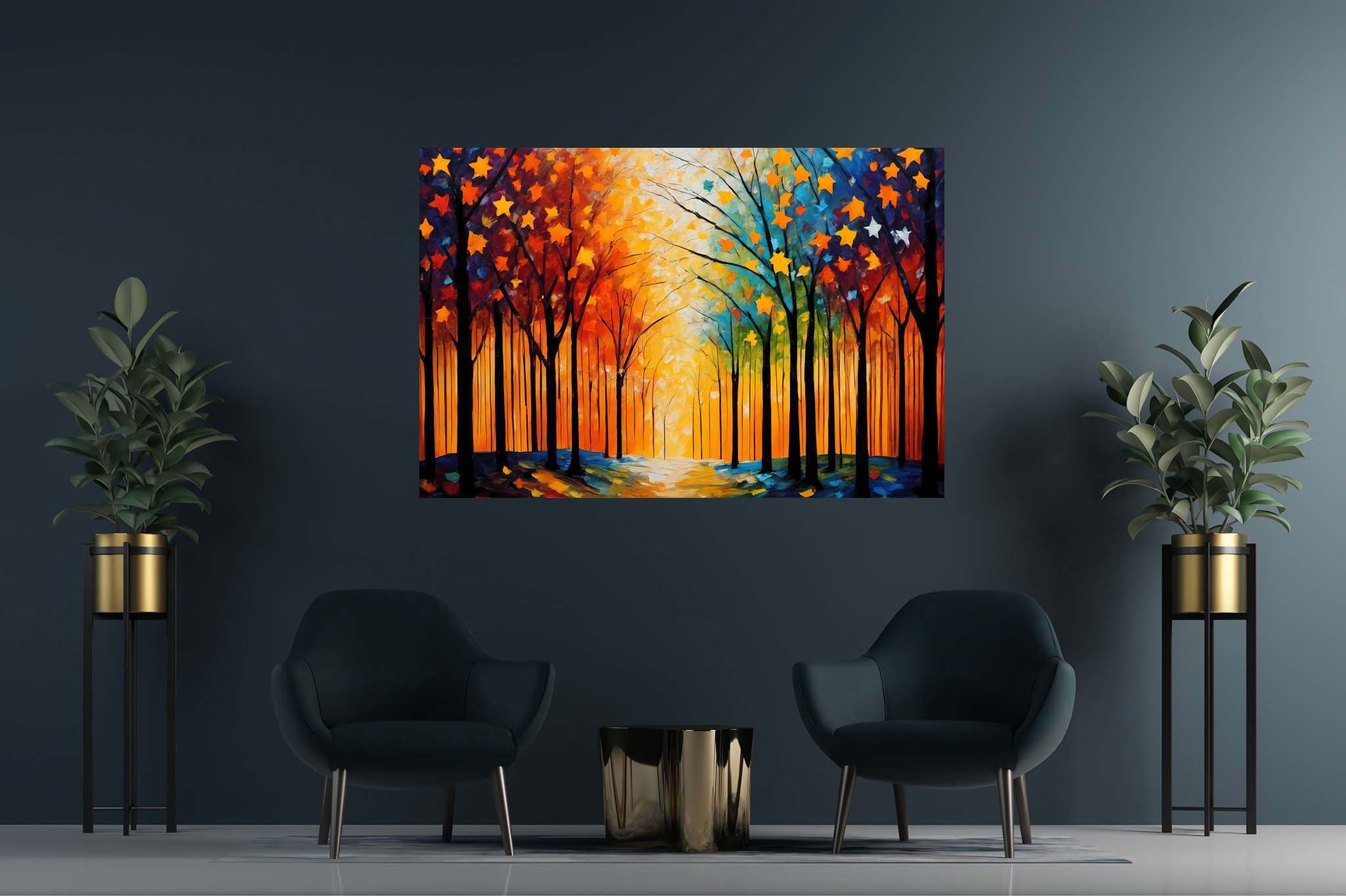 Stardust canopy ballet: Enchanting forest art with enchanted realm, in a room with modern style, framed art, and elegant home goods. The art can be printed on poster, framed poster, canvas, metal, acrylic or wood, exclusively at WallArtZen. Find this exact print at https://wallartzen.com/waz273