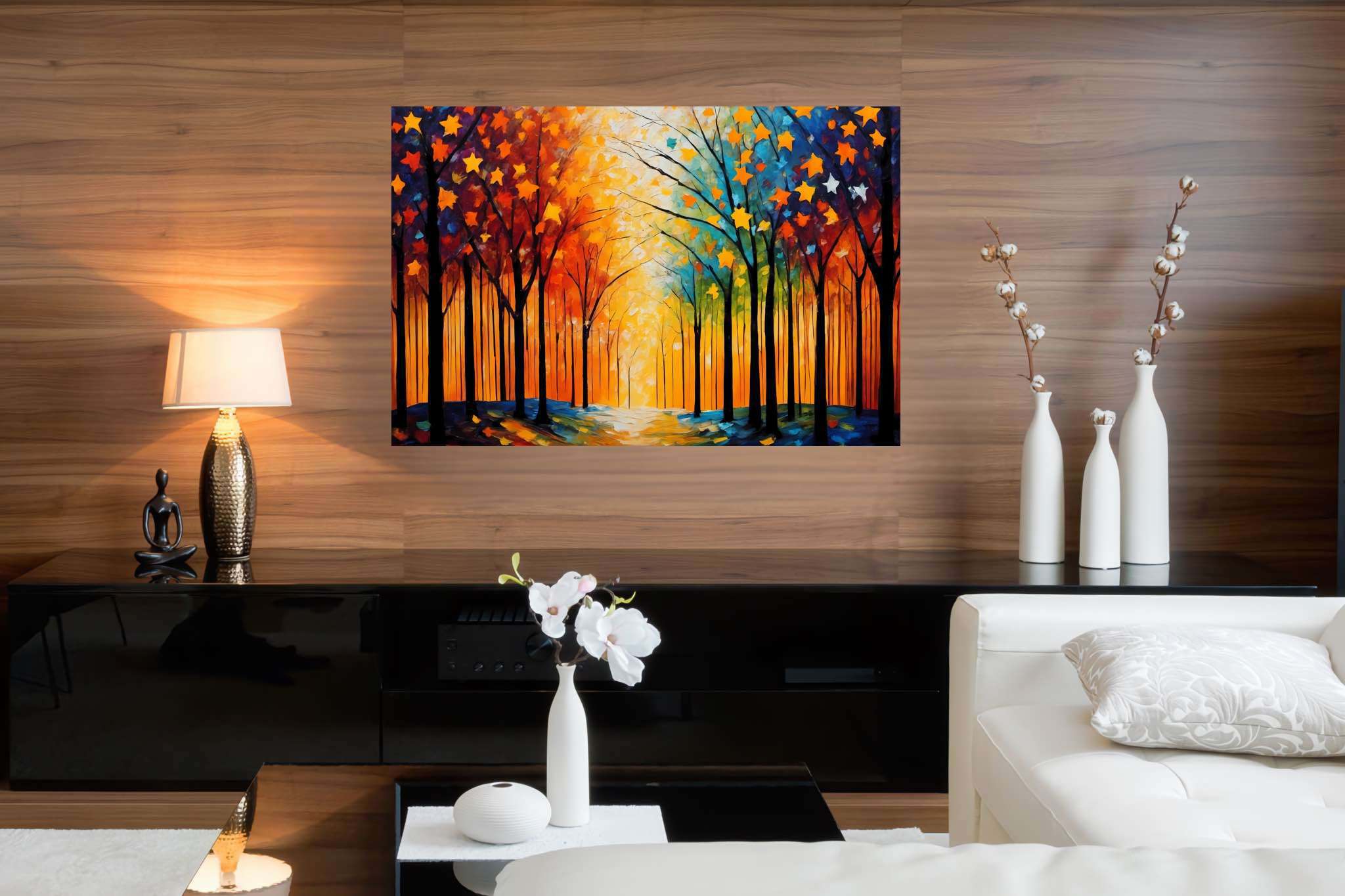 Stardust canopy ballet: Enchanting forest art with whimsical art, in a room with great design, wall art, and artisan decor. The art can be printed on poster, framed poster, canvas, metal, acrylic or wood, exclusively at WallArtZen. Find this exact print at https://wallartzen.com/waz273