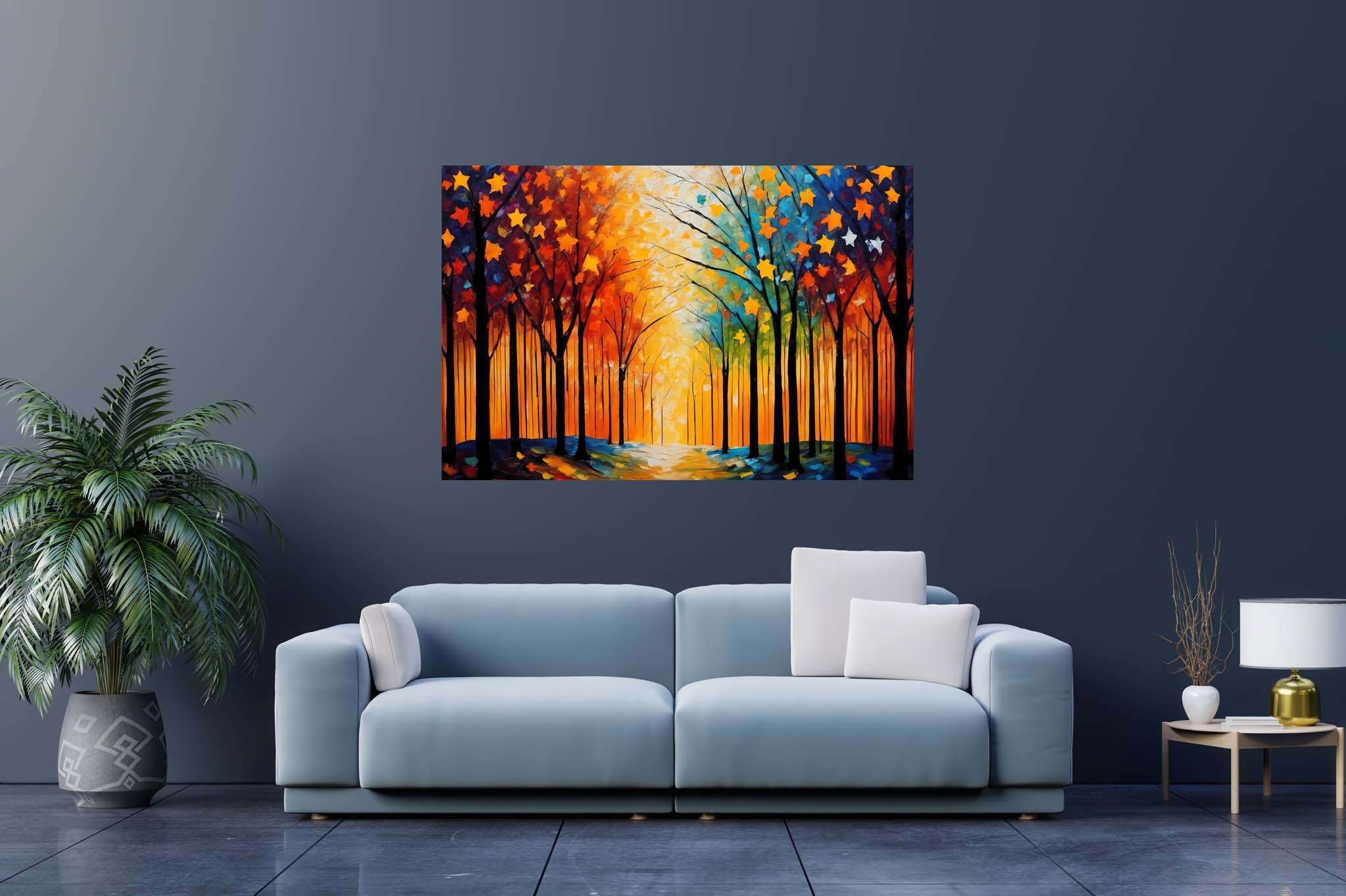 Stardust canopy ballet: Enchanting forest art with enchanting forest art, in a room with minimalist approach, framed art, and designer furniture. The art can be printed on poster, framed poster, canvas, metal, acrylic or wood, exclusively at WallArtZen. Find this exact print at https://wallartzen.com/waz273