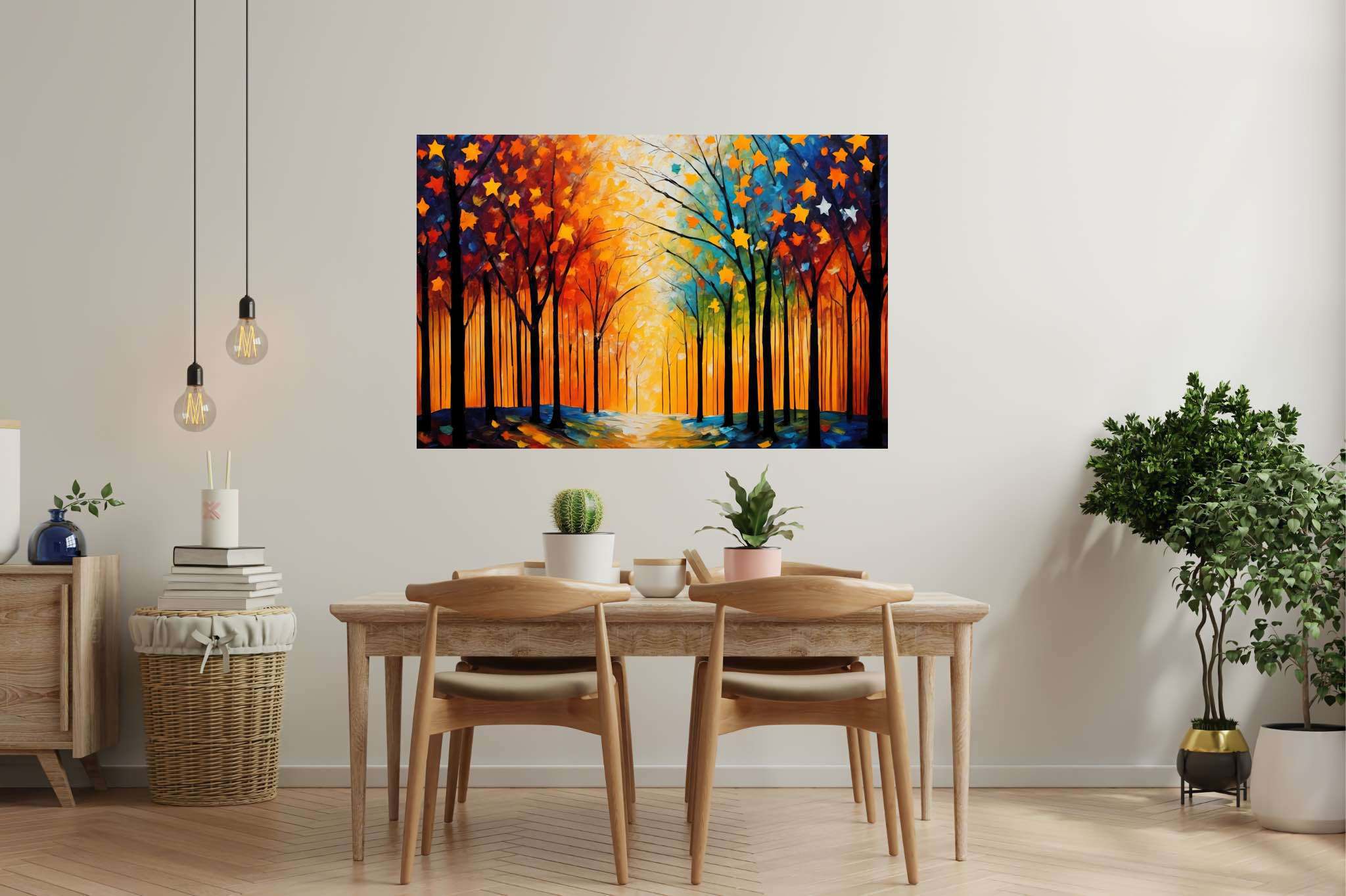 Stardust canopy ballet: Enchanting forest art with magical artwork, in a room with classic elegance, bespoke art designs, and luxe decor. The art can be printed on poster, framed poster, canvas, metal, acrylic or wood, exclusively at WallArtZen. Find this exact print at https://wallartzen.com/waz273