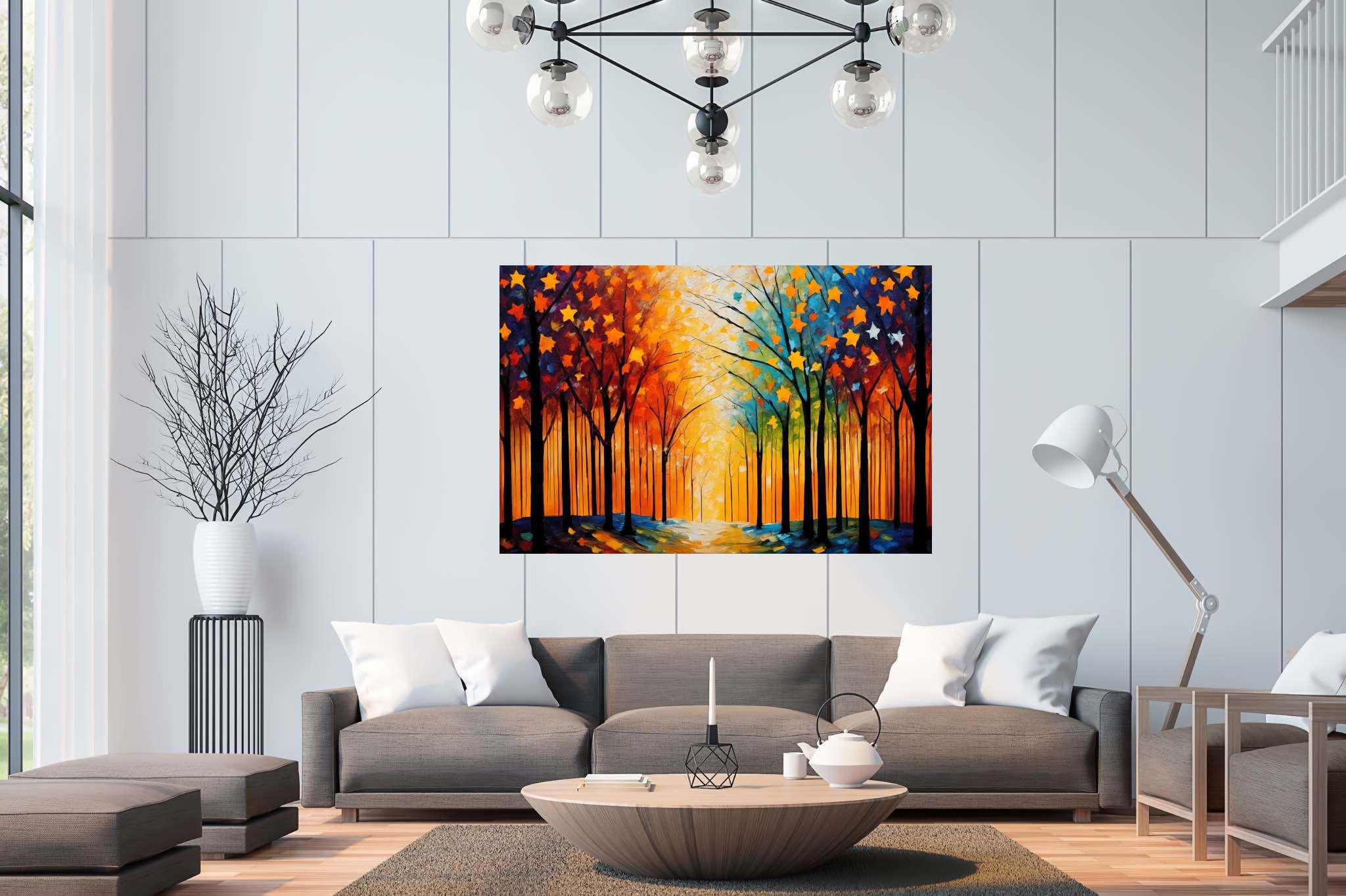 Stardust canopy ballet: Enchanting forest art with dreamy forests, in a room with great design, mural artworks, and luxe decor. The art can be printed on poster, framed poster, canvas, metal, acrylic or wood, exclusively at WallArtZen. Find this exact print at https://wallartzen.com/waz273