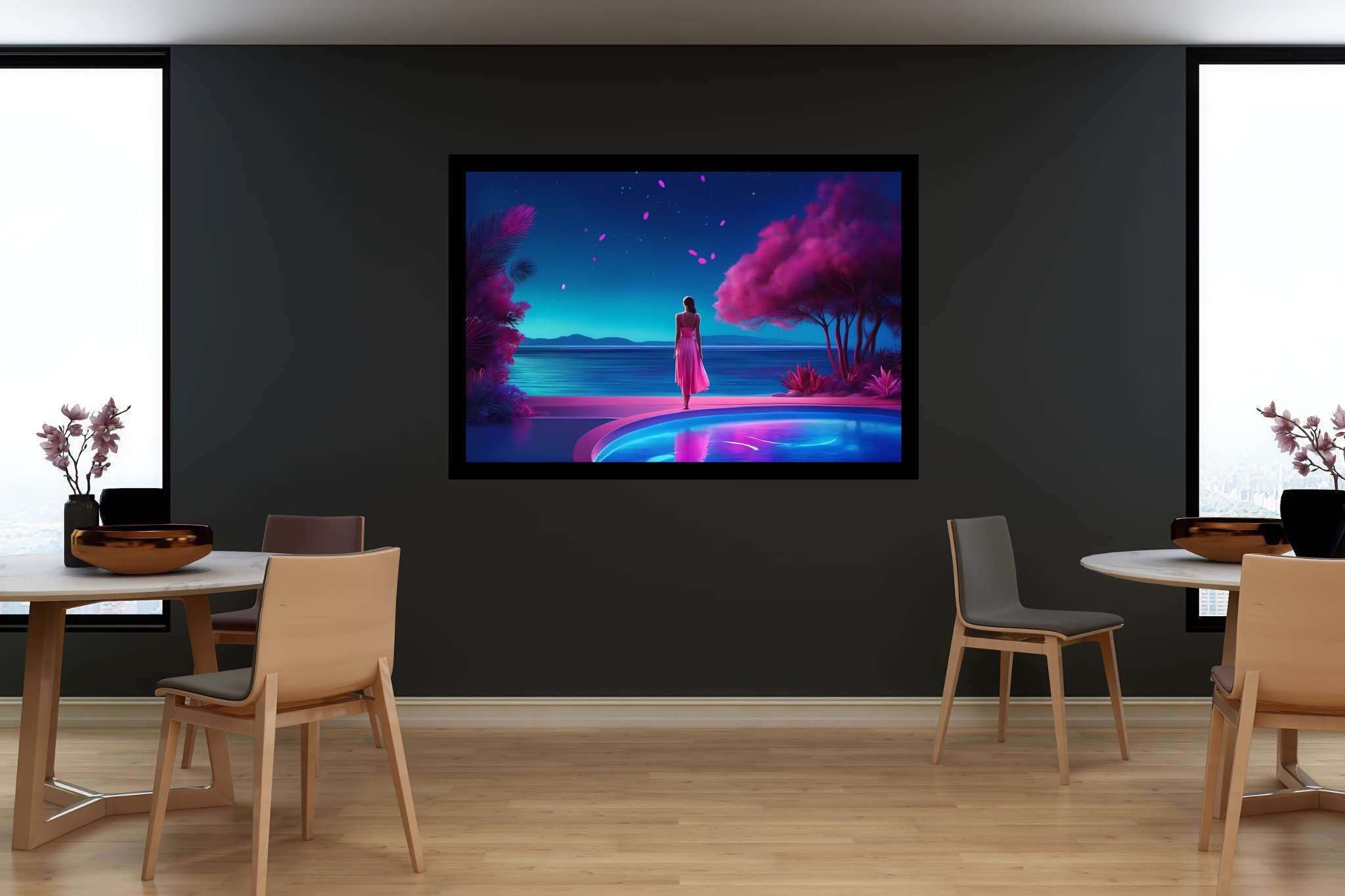 Stargazer's serene reflections: Surreal art with surrealist imagery, in a room with chic decor, mural artworks, and artisan decor. The art can be printed on poster, framed poster, canvas, metal, acrylic or wood, exclusively at WallArtZen. Find this exact print at https://wallartzen.com/waz274