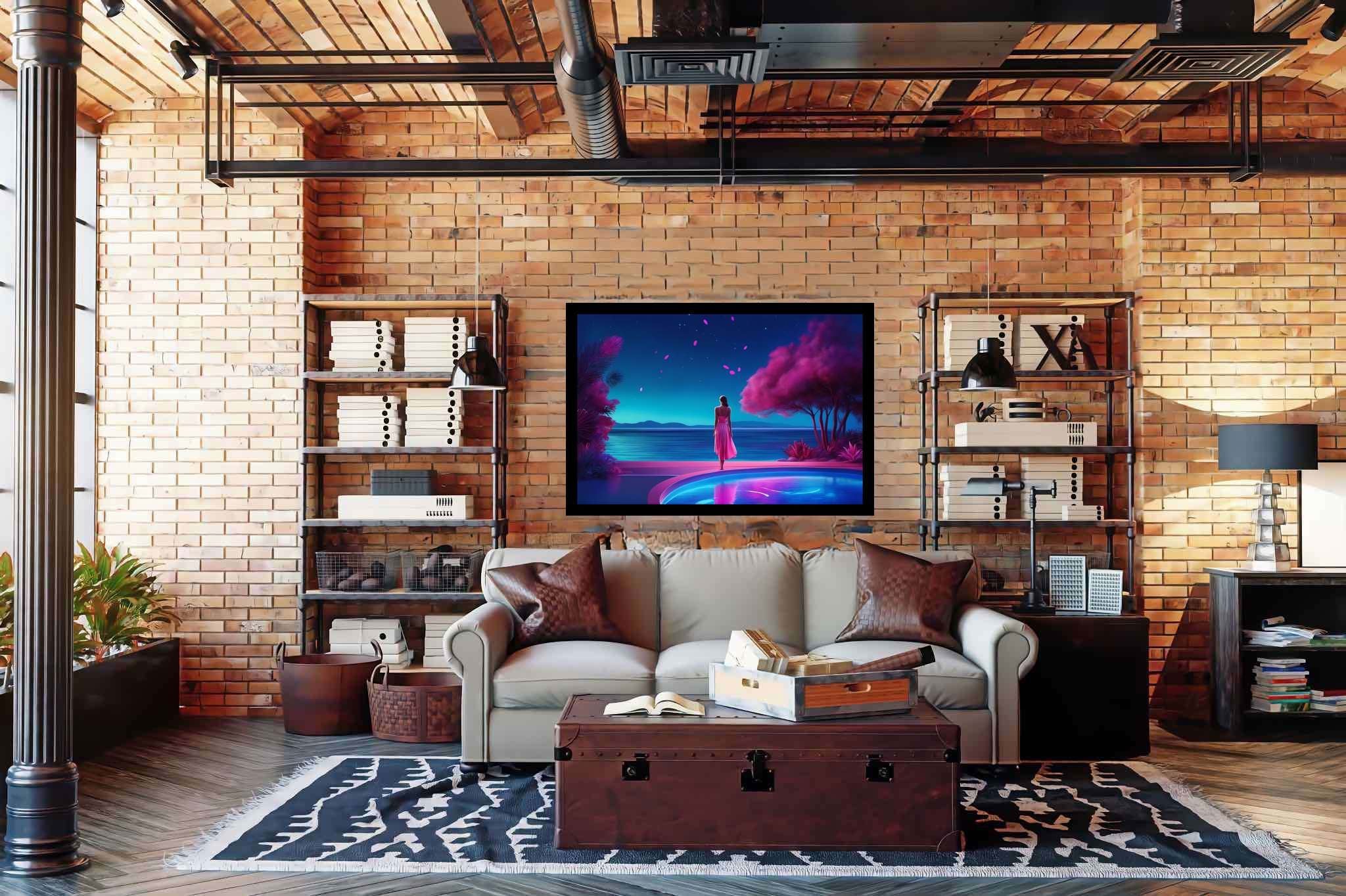 Stargazer's serene reflections: Surreal art with magical realism, in a room with modern style, wall art, and elegant home goods. The art can be printed on poster, framed poster, canvas, metal, acrylic or wood, exclusively at WallArtZen. Find this exact print at https://wallartzen.com/waz274