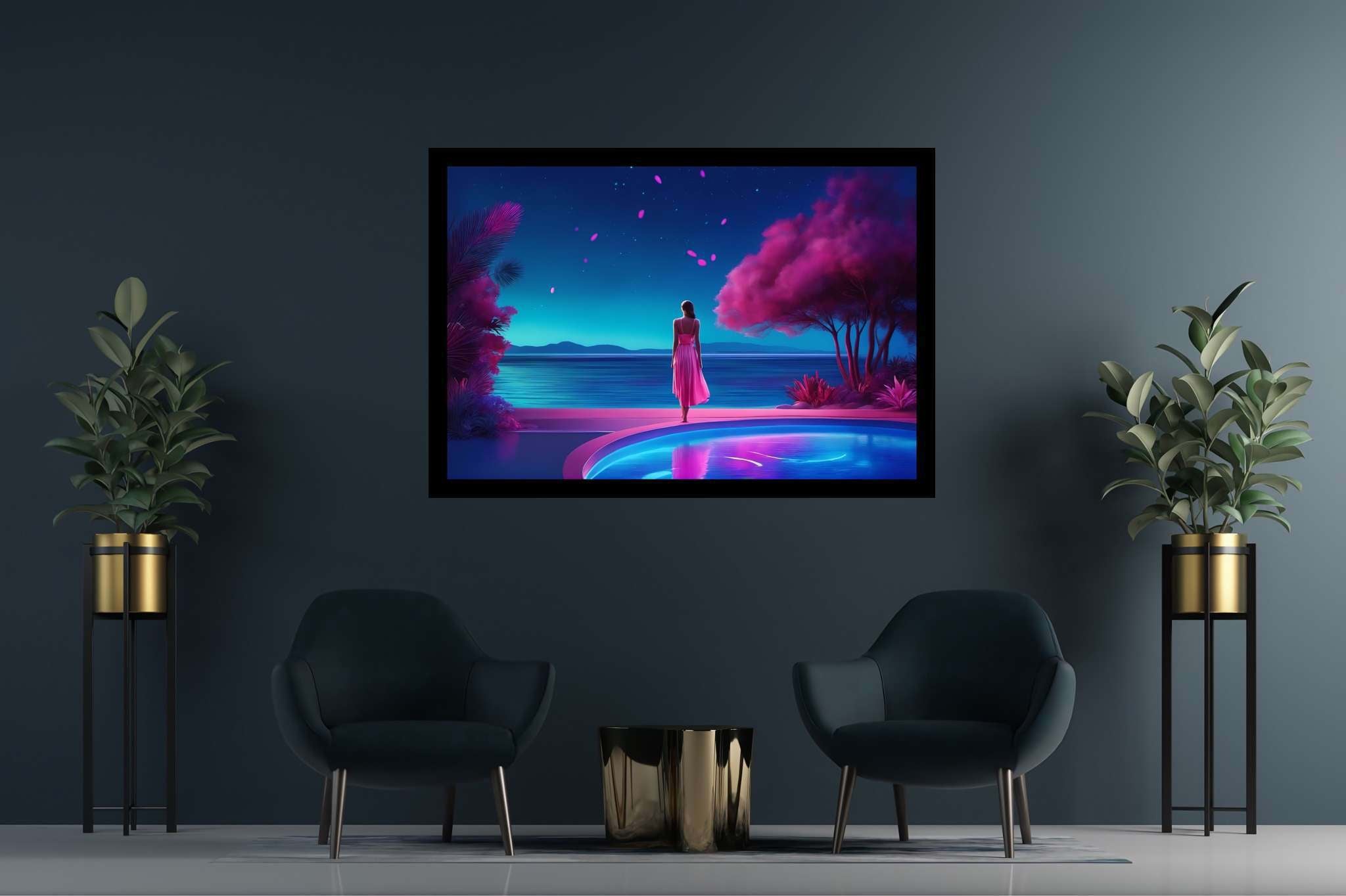 Stargazer's serene reflections: Surreal art with magical realism, in a room with urban design, abstract paintings, and trendy home accents. The art can be printed on poster, framed poster, canvas, metal, acrylic or wood, exclusively at WallArtZen. Find this exact print at https://wallartzen.com/waz274