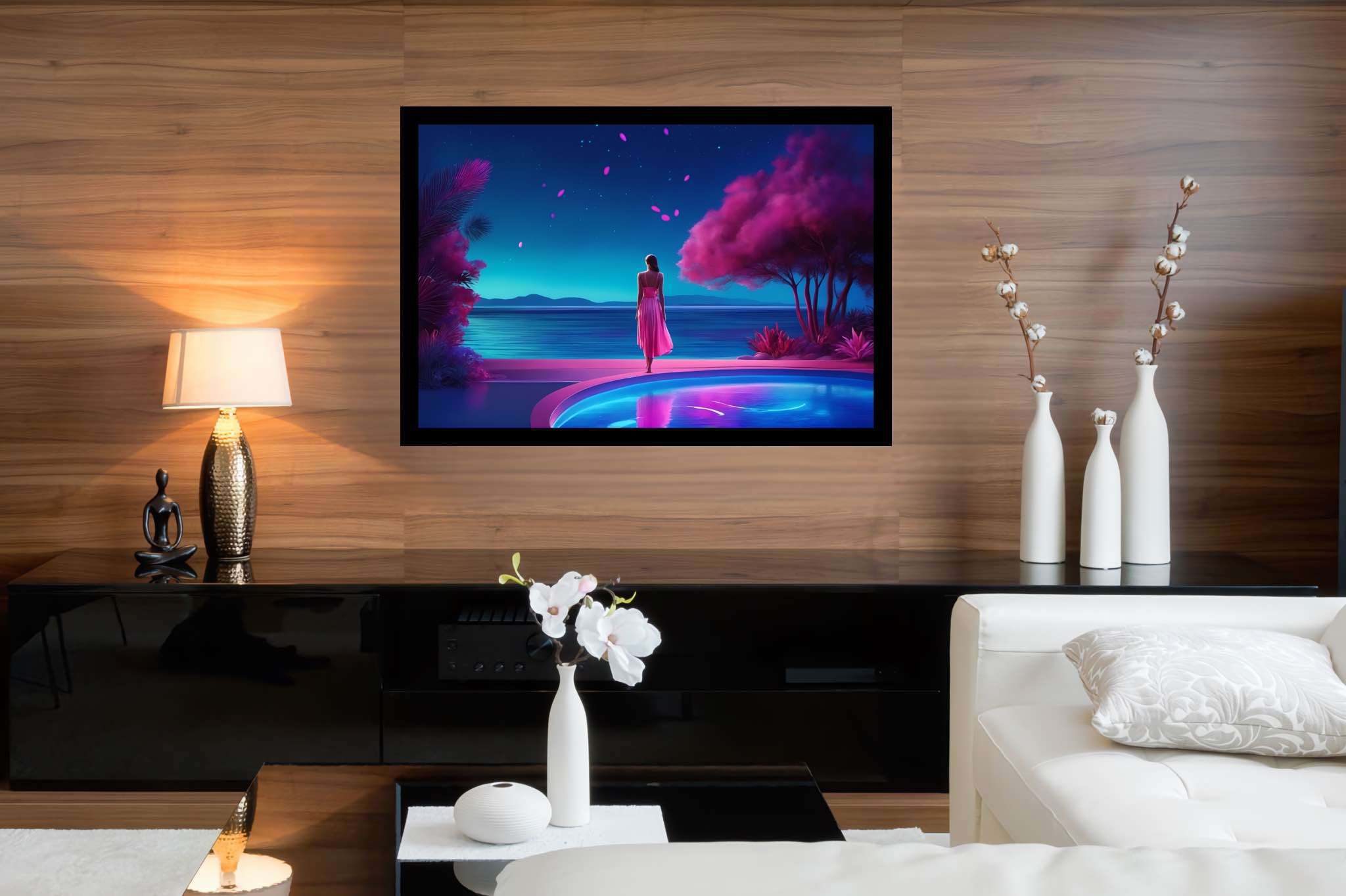 Stargazer's serene reflections: Surreal art with surreal art, in a room with elegant layout, gallery-quality artwork, and designer furniture. The art can be printed on poster, framed poster, canvas, metal, acrylic or wood, exclusively at WallArtZen. Find this exact print at https://wallartzen.com/waz274