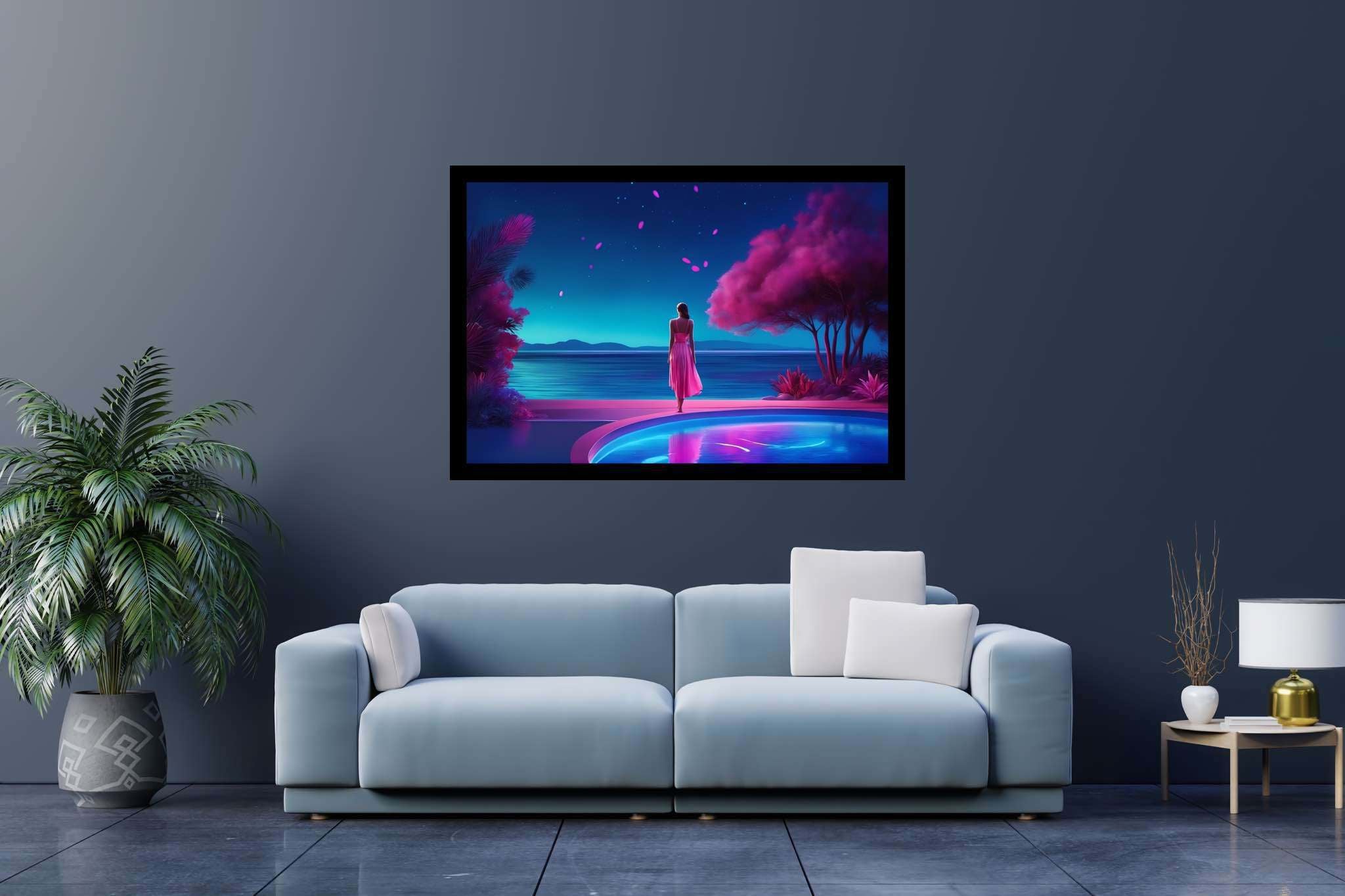 Stargazer's serene reflections: Surreal art with visionary creativity, in a room with innovative layout, wall art, and interior decorations. The art can be printed on poster, framed poster, canvas, metal, acrylic or wood, exclusively at WallArtZen. Find this exact print at https://wallartzen.com/waz274