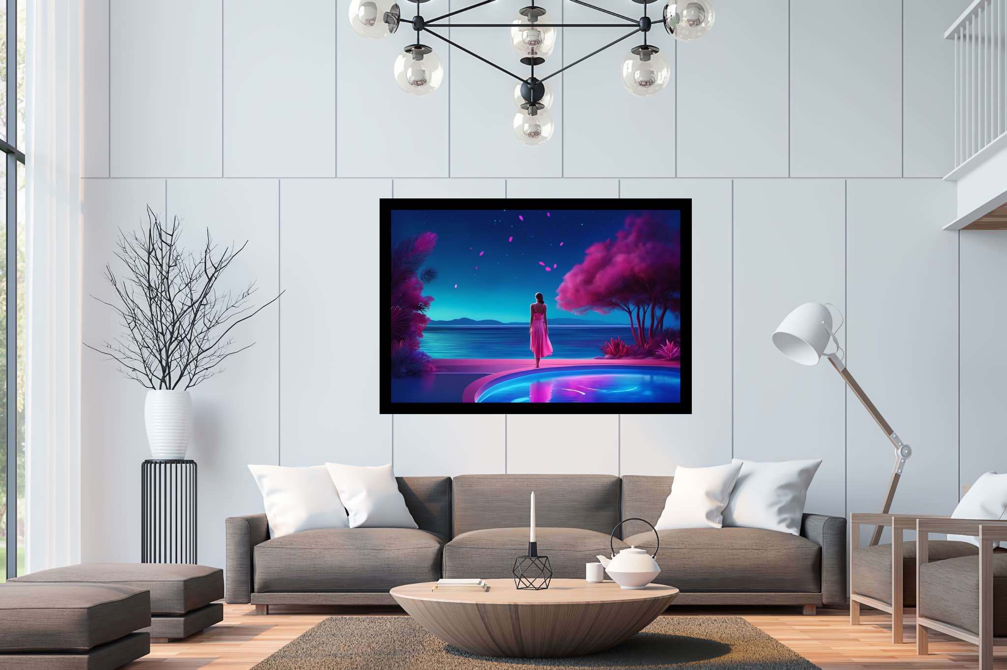 Stargazer's serene reflections: Surreal art with surrealist landscapes, in a room with minimalist approach, wall hangings, and home furnishings. The art can be printed on poster, framed poster, canvas, metal, acrylic or wood, exclusively at WallArtZen. Find this exact print at https://wallartzen.com/waz274