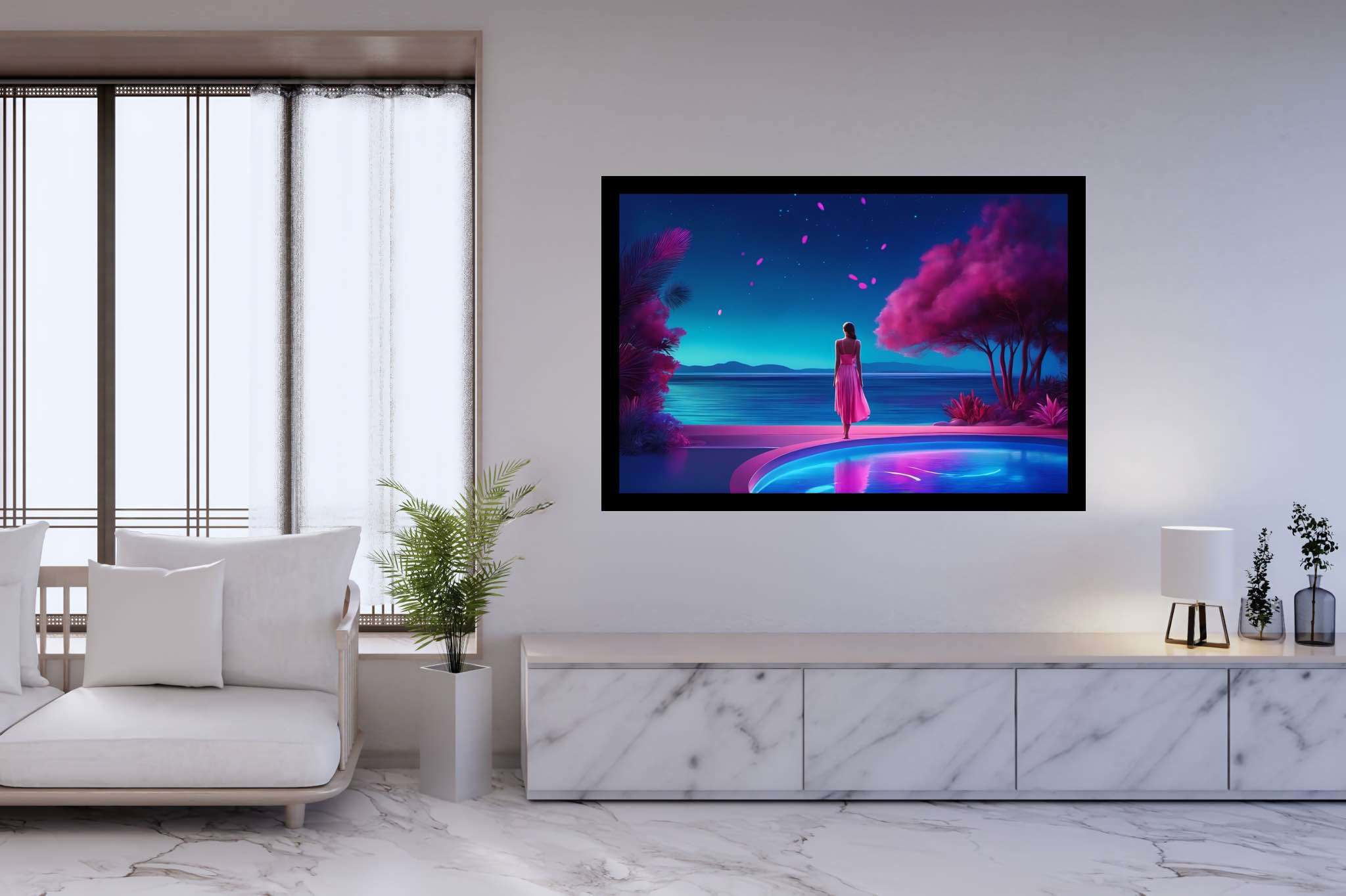 Stargazer's serene reflections: Surreal art with surrealist concepts, in a room with artistic style, framed art, and decorative pieces. The art can be printed on poster, framed poster, canvas, metal, acrylic or wood, exclusively at WallArtZen. Find this exact print at https://wallartzen.com/waz274