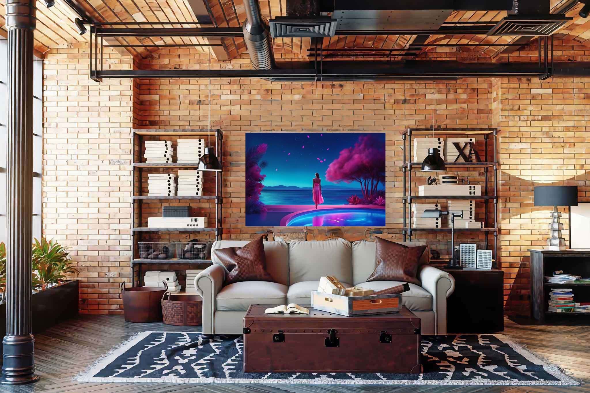 Stargazer's serene reflections: Surreal art with surrealist landscapes, in a room with great design, fine art prints, and trendy home accents. The art can be printed on poster, framed poster, canvas, metal, acrylic or wood, exclusively at WallArtZen. Find this exact print at https://wallartzen.com/waz274