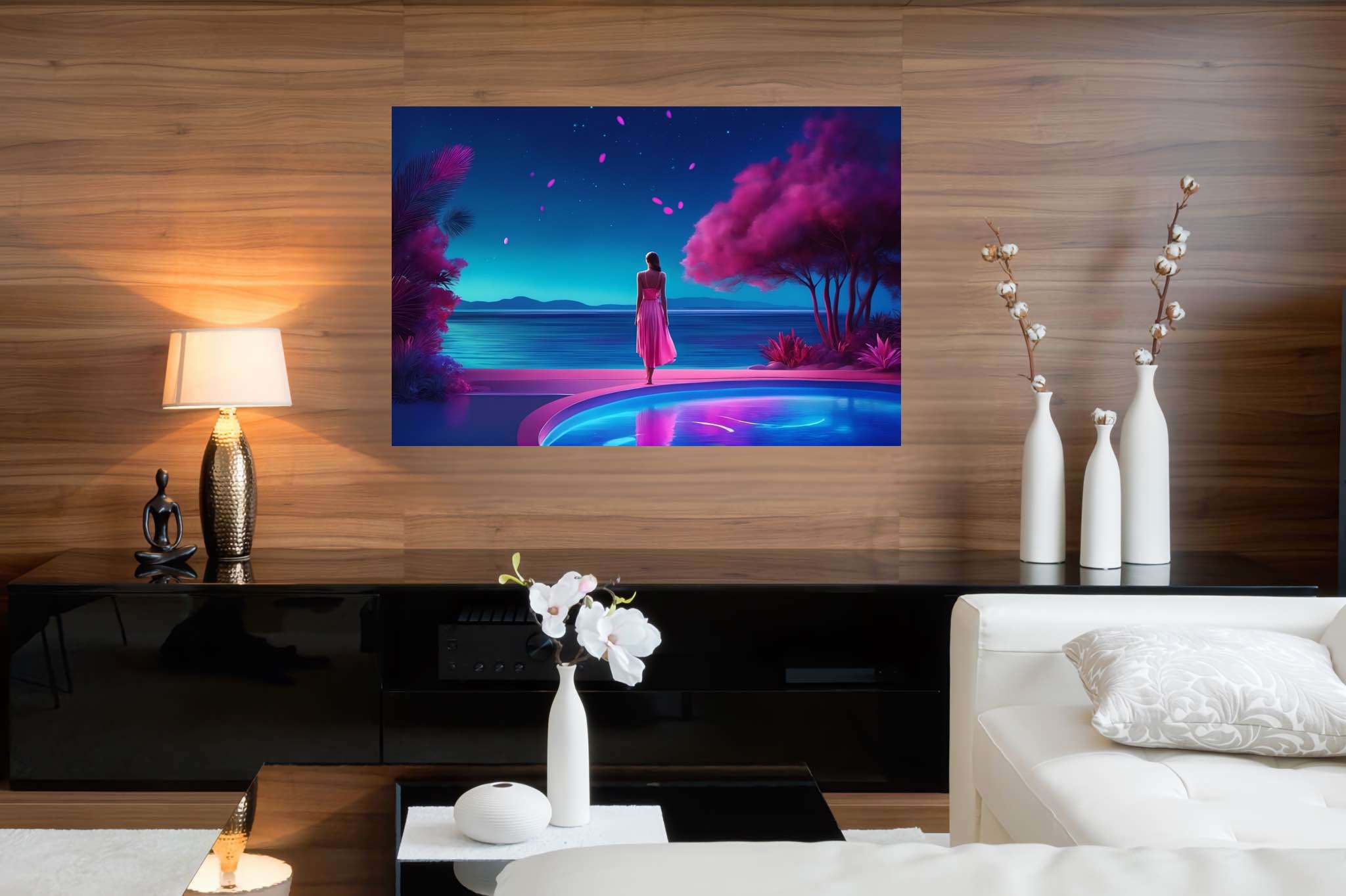 Stargazer's serene reflections: Surreal art with ethereal symbolism, in a room with contemporary flair, wall hangings, and elegant home goods. The art can be printed on poster, framed poster, canvas, metal, acrylic or wood, exclusively at WallArtZen. Find this exact print at https://wallartzen.com/waz274