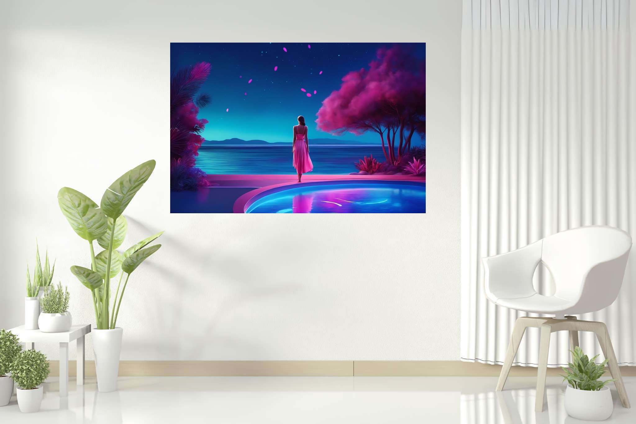Stargazer's serene reflections: Surreal art with otherworldly art, in a room with minimalist approach, wall art, and decorative pieces. The art can be printed on poster, framed poster, canvas, metal, acrylic or wood, exclusively at WallArtZen. Find this exact print at https://wallartzen.com/waz274