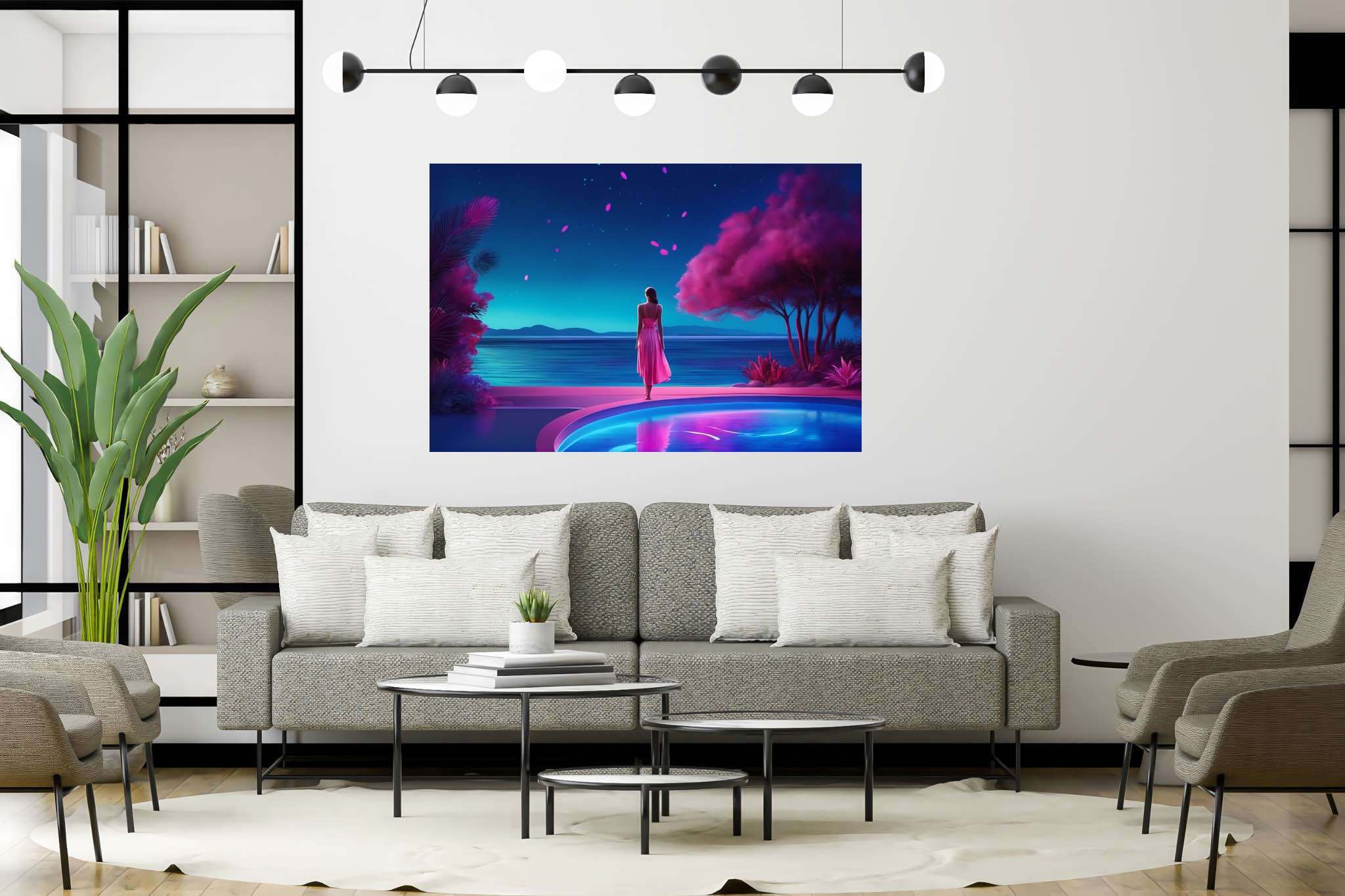 Stargazer's serene reflections: Surreal art with surrealist imagery, in a room with urban design, digital art pieces, and home styling items. The art can be printed on poster, framed poster, canvas, metal, acrylic or wood, exclusively at WallArtZen. Find this exact print at https://wallartzen.com/waz274