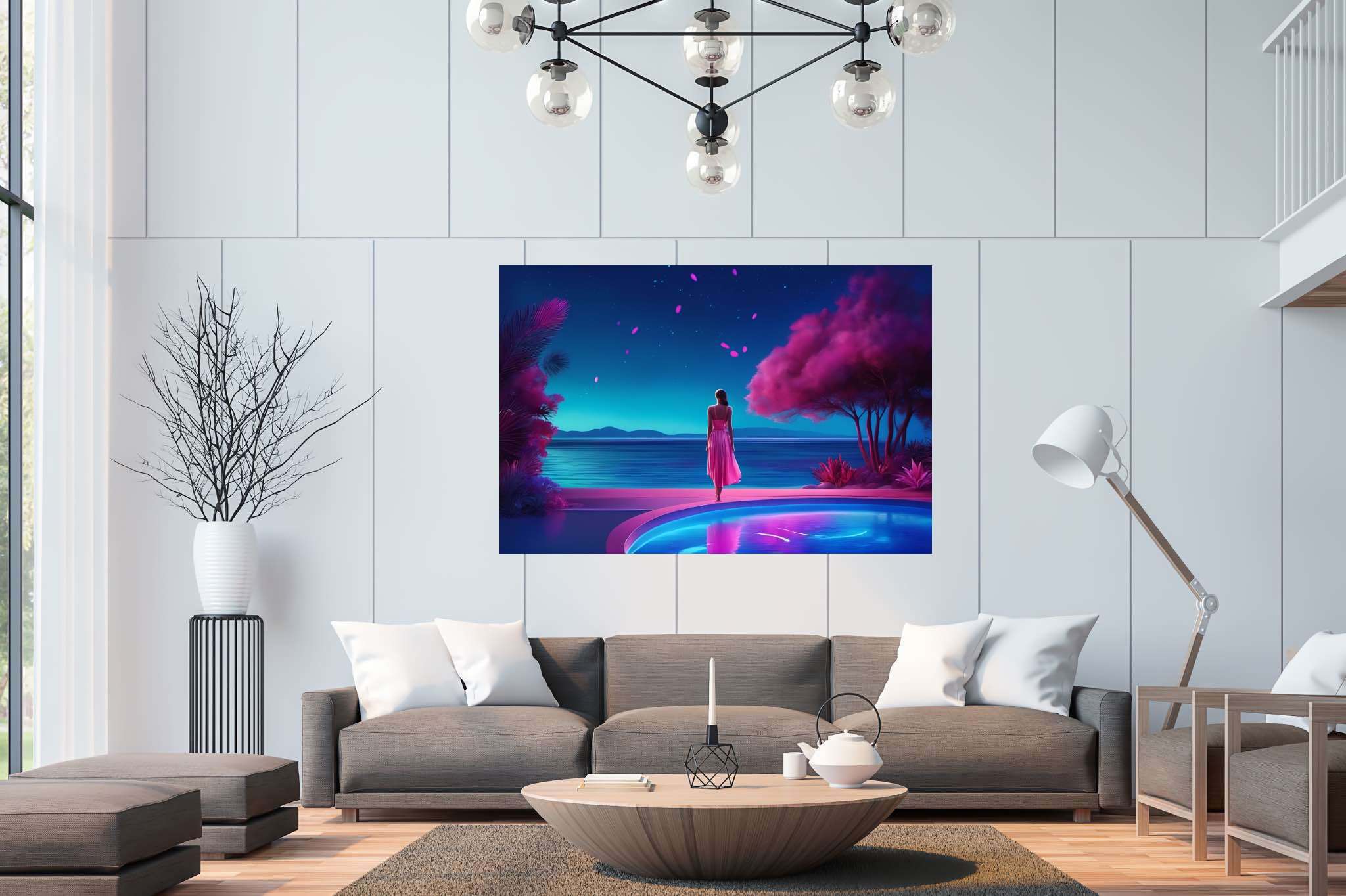 Stargazer's serene reflections: Surreal art with surrealist imagery, in a room with artistic style, abstract paintings, and trendy home accents. The art can be printed on poster, framed poster, canvas, metal, acrylic or wood, exclusively at WallArtZen. Find this exact print at https://wallartzen.com/waz274