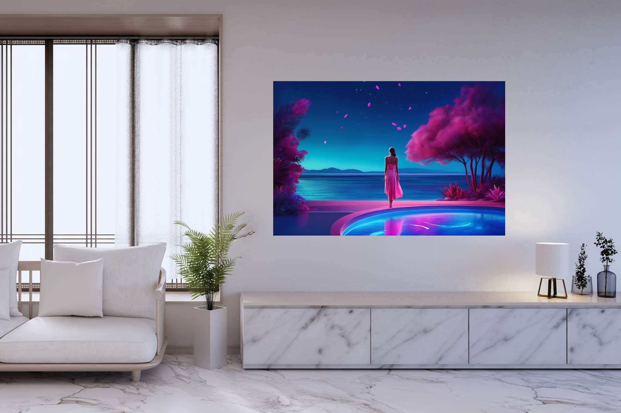Stargazer's serene reflections: Surreal art with surrealist imagery, in a room with elegant layout, wall art, and luxe decor. The art can be printed on poster, framed poster, canvas, metal, acrylic or wood, exclusively at WallArtZen. Find this exact print at https://wallartzen.com/waz274