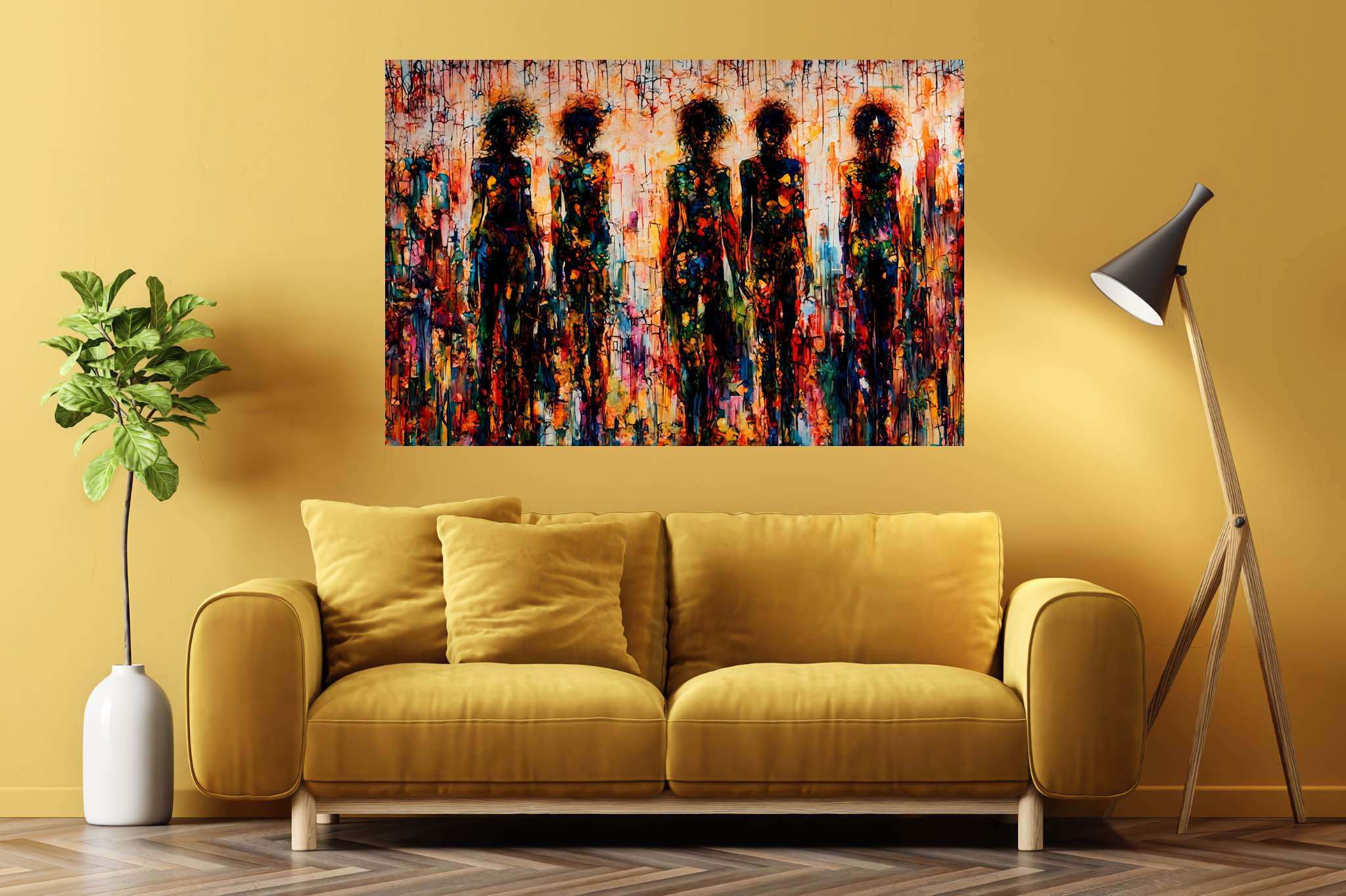 Mosaic souls in tandem: Vibrant art with vibrant masterpieces, in a room with modern style, fine art prints, and artisan decor. The art can be printed on poster, framed poster, canvas, metal, acrylic or wood, exclusively at WallArtZen. Find this exact print at https://wallartzen.com/waz275