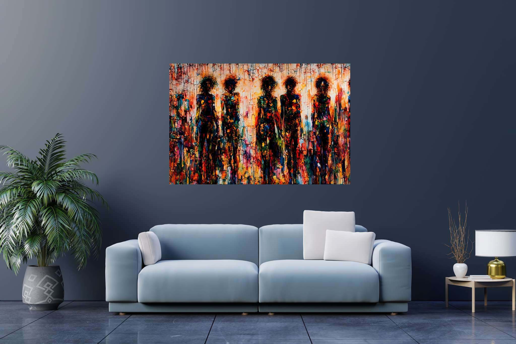 Mosaic souls in tandem: Vibrant art with expressive art, in a room with chic decor, mural artworks, and artisan decor. The art can be printed on poster, framed poster, canvas, metal, acrylic or wood, exclusively at WallArtZen. Find this exact print at https://wallartzen.com/waz275