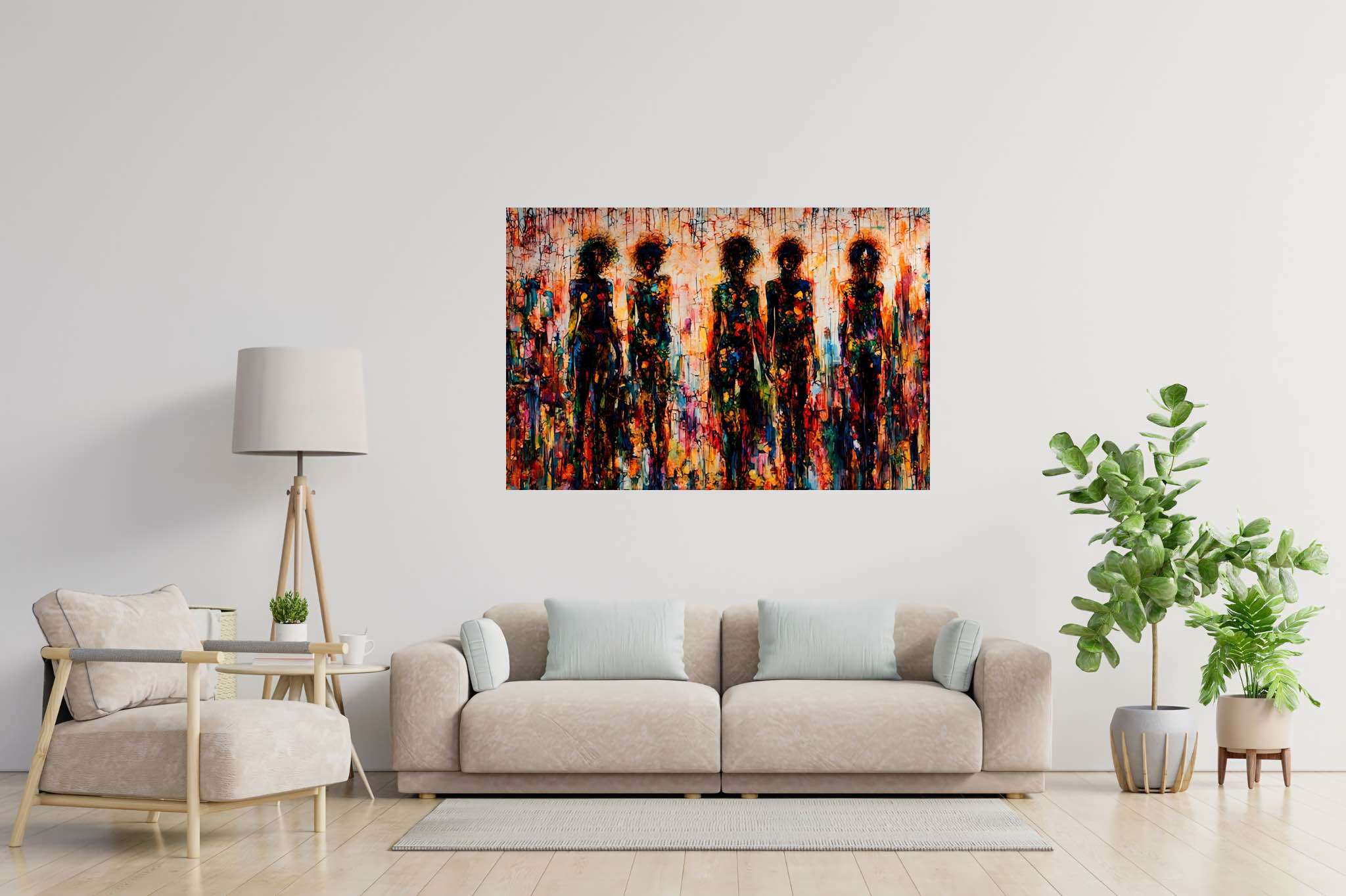 Mosaic souls in tandem: Vibrant art with lively art, in a room with great design, canvas prints, and home furnishings. The art can be printed on poster, framed poster, canvas, metal, acrylic or wood, exclusively at WallArtZen. Find this exact print at https://wallartzen.com/waz275