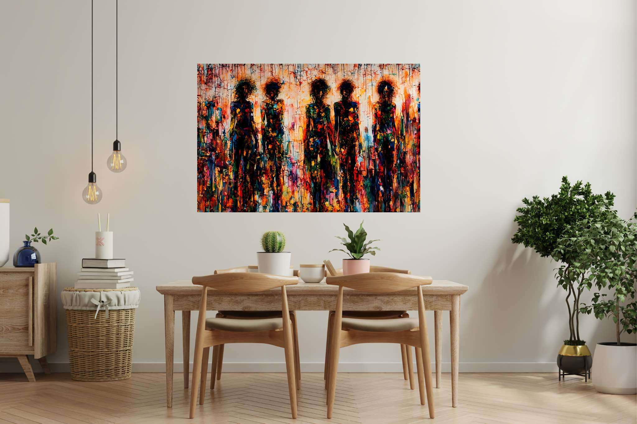 Mosaic souls in tandem: Vibrant art with expressive art, in a room with artistic style, wall hangings, and trendy home accents. The art can be printed on poster, framed poster, canvas, metal, acrylic or wood, exclusively at WallArtZen. Find this exact print at https://wallartzen.com/waz275
