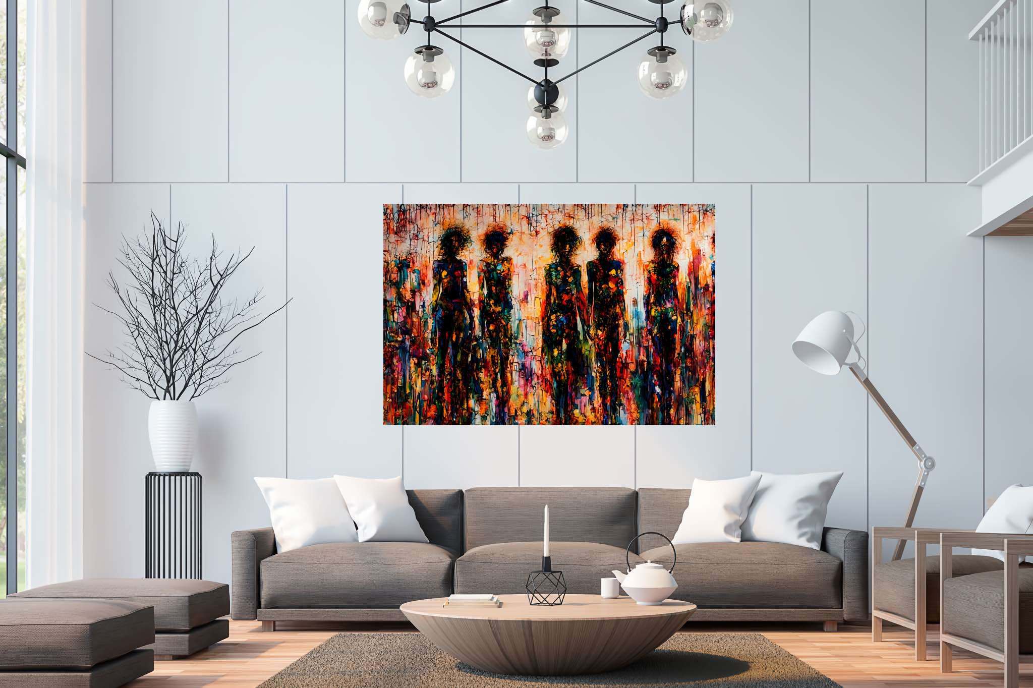 Mosaic souls in tandem: Vibrant art with bold artwork, in a room with urban design, framed art, and home furnishings. The art can be printed on poster, framed poster, canvas, metal, acrylic or wood, exclusively at WallArtZen. Find this exact print at https://wallartzen.com/waz275