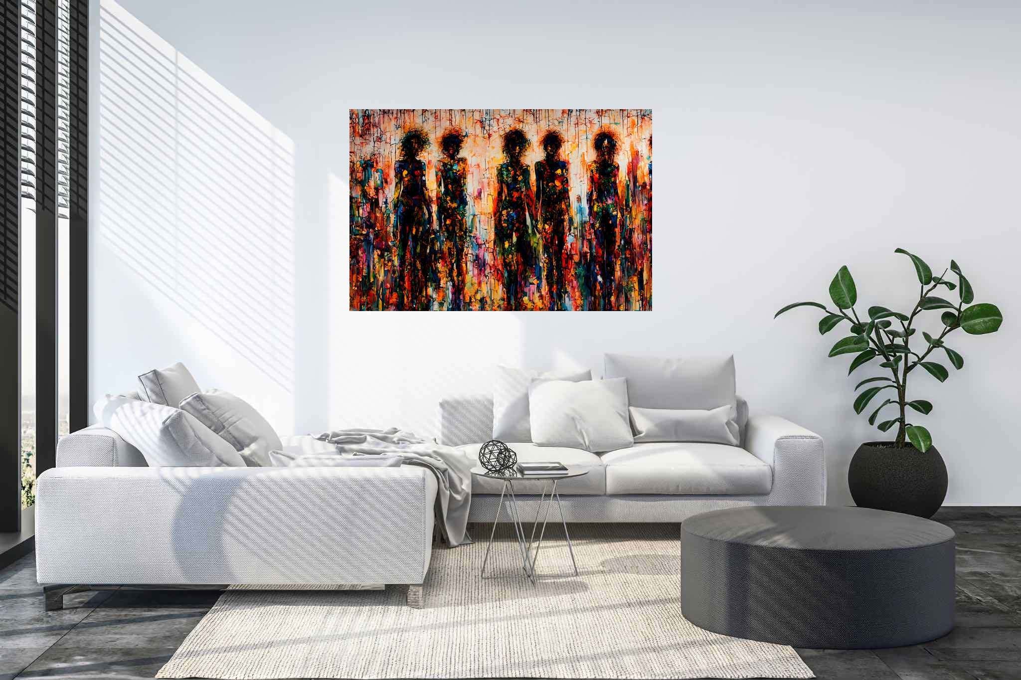 Mosaic souls in tandem: Vibrant art with expressive art, in a room with modern style, abstract paintings, and artisan decor. The art can be printed on poster, framed poster, canvas, metal, acrylic or wood, exclusively at WallArtZen. Find this exact print at https://wallartzen.com/waz275