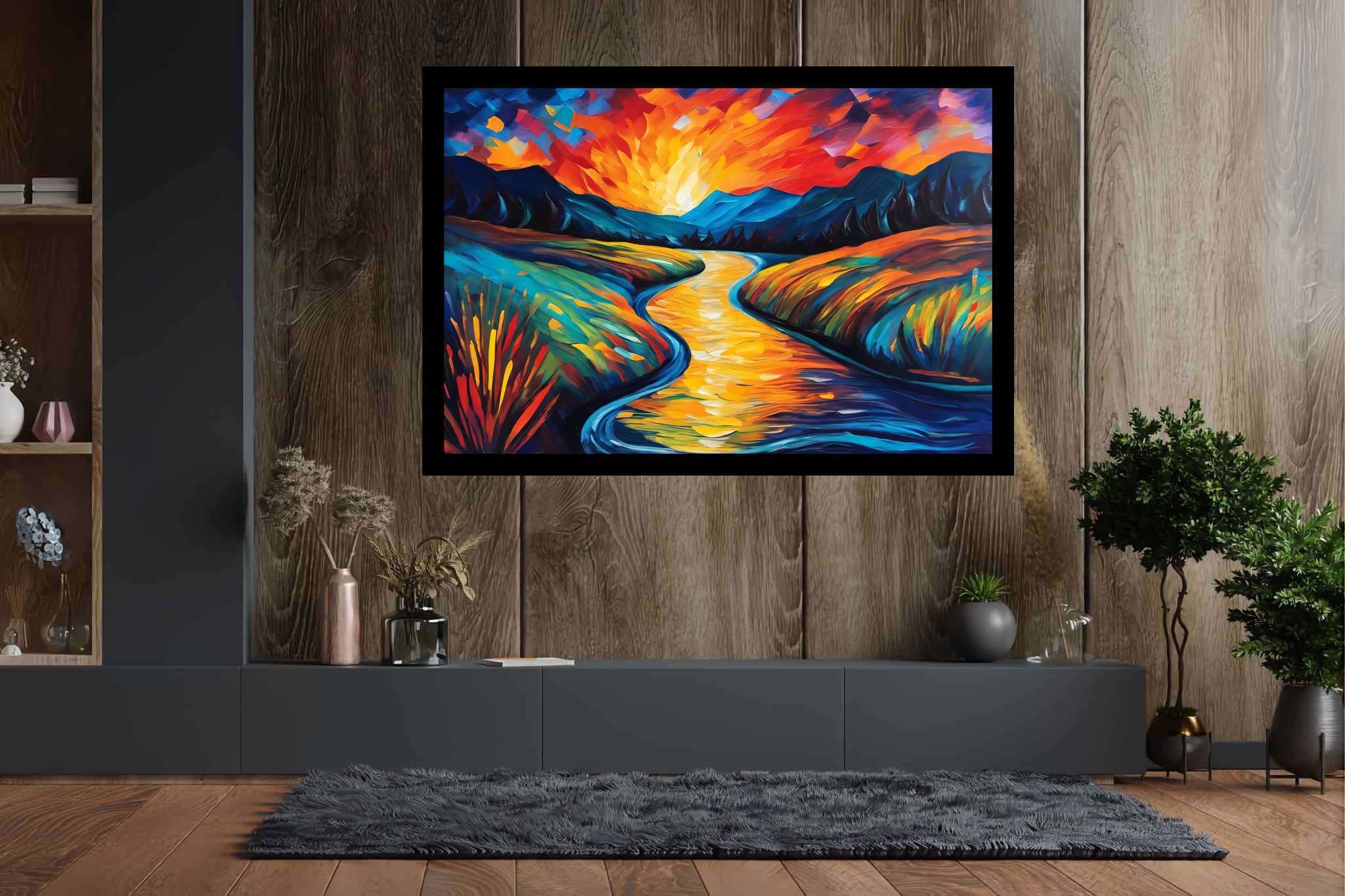Serene embrace of dusk: Scenic art with scenic wall art, in a room with minimalist approach, mural artworks, and trendy home accents. The art can be printed on poster, framed poster, canvas, metal, acrylic or wood, exclusively at WallArtZen. Find this exact print at https://wallartzen.com/waz277