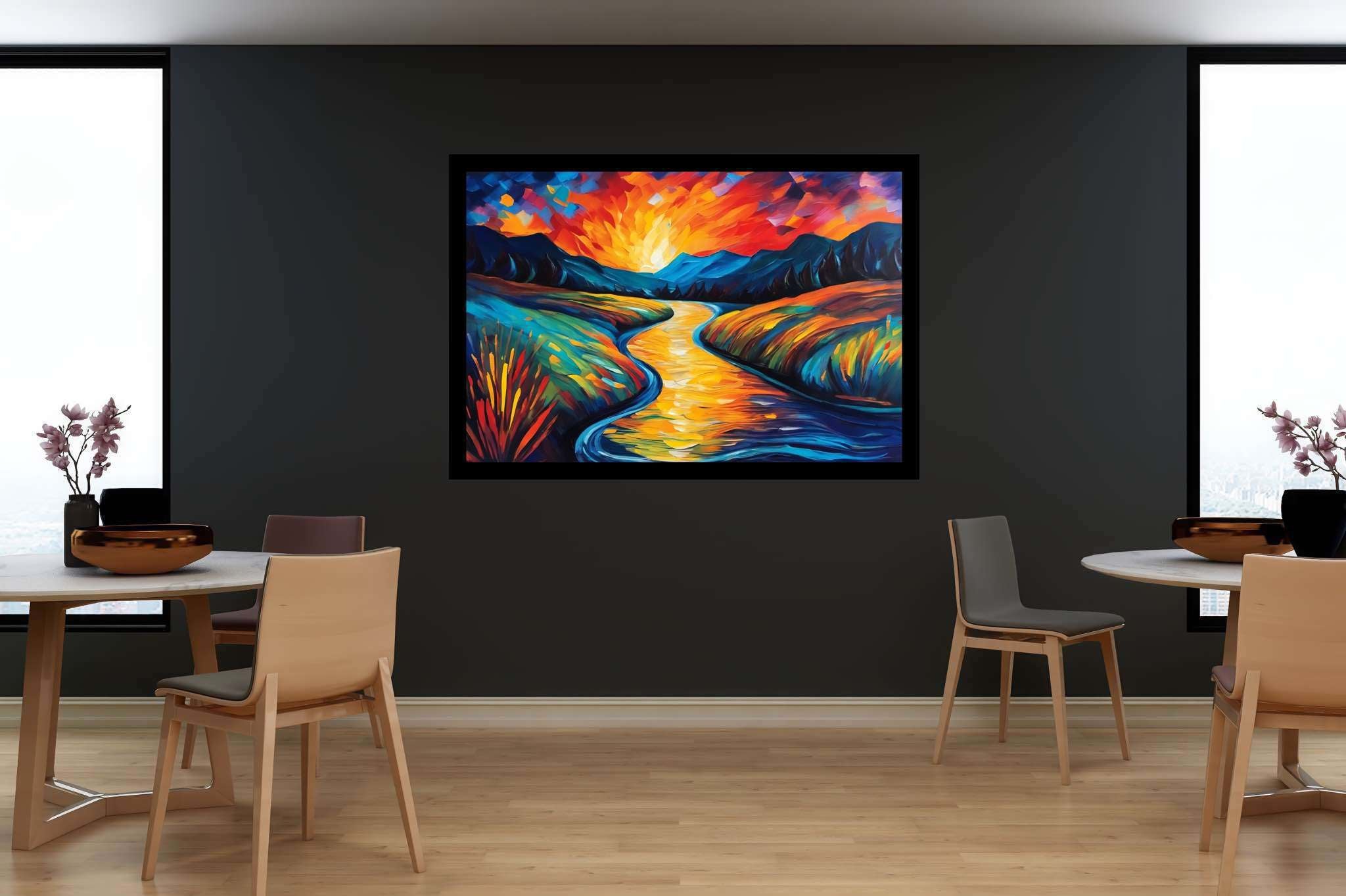 Serene embrace of dusk: Scenic art with natural beauty, in a room with minimalist approach, abstract paintings, and luxe decor. The art can be printed on poster, framed poster, canvas, metal, acrylic or wood, exclusively at WallArtZen. Find this exact print at https://wallartzen.com/waz277