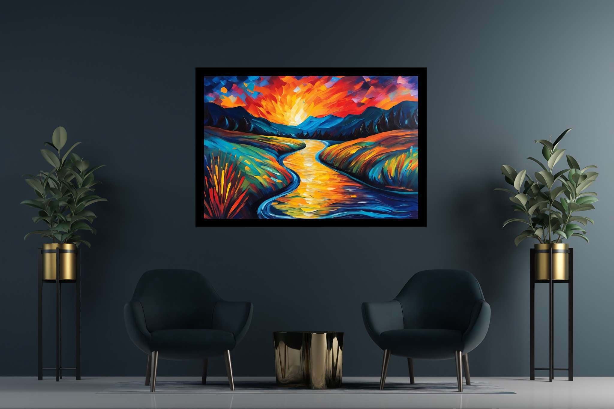 Serene embrace of dusk: Scenic art with outdoor paintings, in a room with artistic style, canvas prints, and trendy home accents. The art can be printed on poster, framed poster, canvas, metal, acrylic or wood, exclusively at WallArtZen. Find this exact print at https://wallartzen.com/waz277
