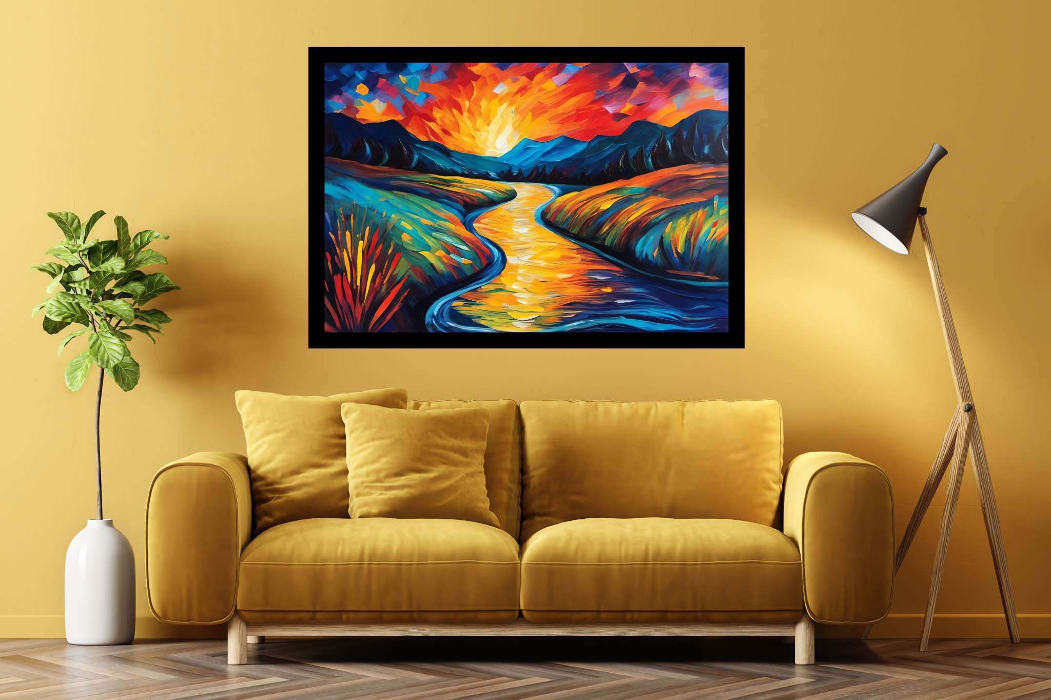 Serene embrace of dusk: Scenic art with panoramic views, in a room with innovative layout, abstract paintings, and elegant home goods. The art can be printed on poster, framed poster, canvas, metal, acrylic or wood, exclusively at WallArtZen. Find this exact print at https://wallartzen.com/waz277