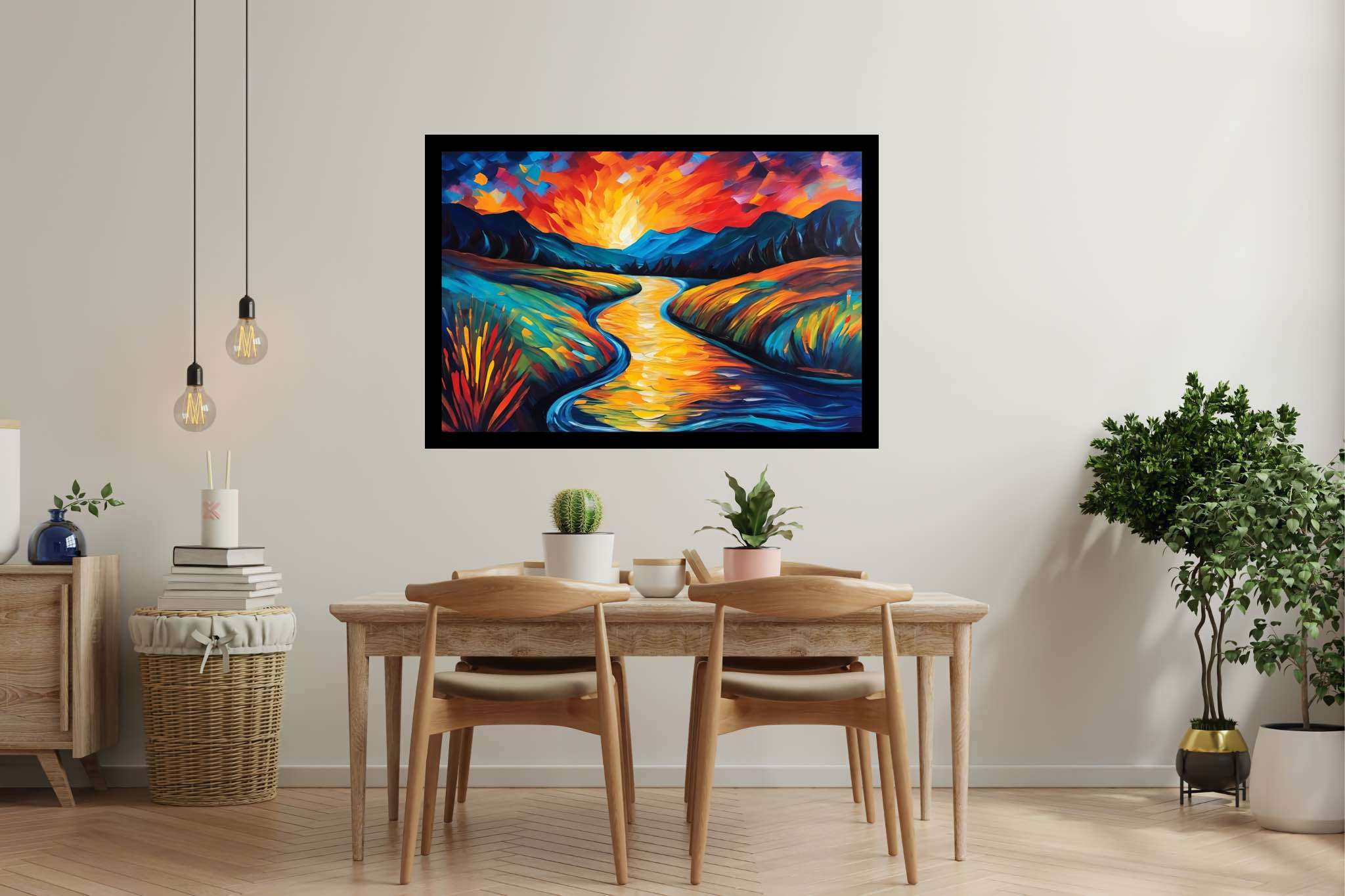 Serene embrace of dusk: Scenic art with scenic illustrations, in a room with innovative layout, wall art, and interior decorations. The art can be printed on poster, framed poster, canvas, metal, acrylic or wood, exclusively at WallArtZen. Find this exact print at https://wallartzen.com/waz277