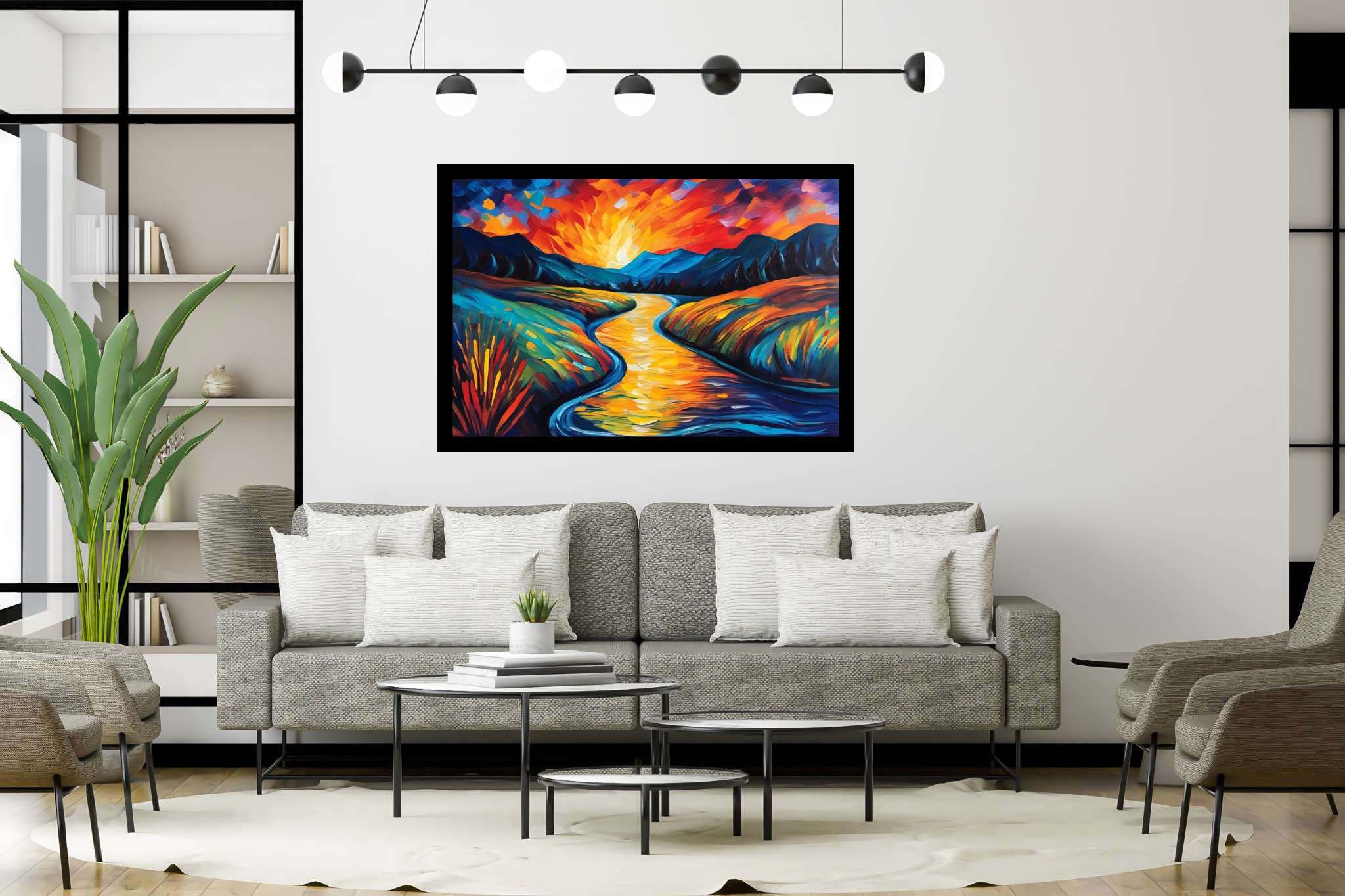 Serene embrace of dusk: Scenic art with scenic photography, in a room with classic elegance, abstract paintings, and trendy home accents. The art can be printed on poster, framed poster, canvas, metal, acrylic or wood, exclusively at WallArtZen. Find this exact print at https://wallartzen.com/waz277