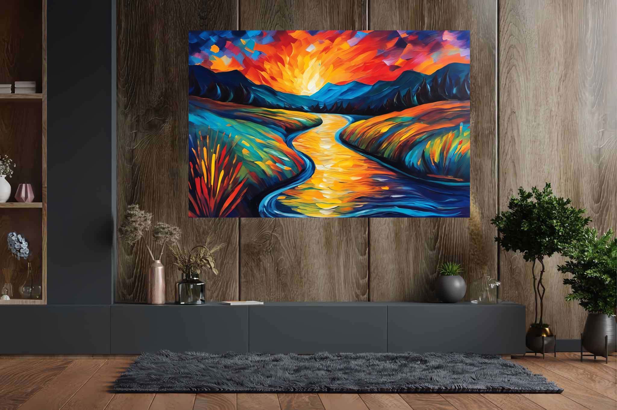 Serene embrace of dusk: Scenic art with natural beauty, in a room with chic decor, abstract paintings, and home styling items. The art can be printed on poster, framed poster, canvas, metal, acrylic or wood, exclusively at WallArtZen. Find this exact print at https://wallartzen.com/waz277