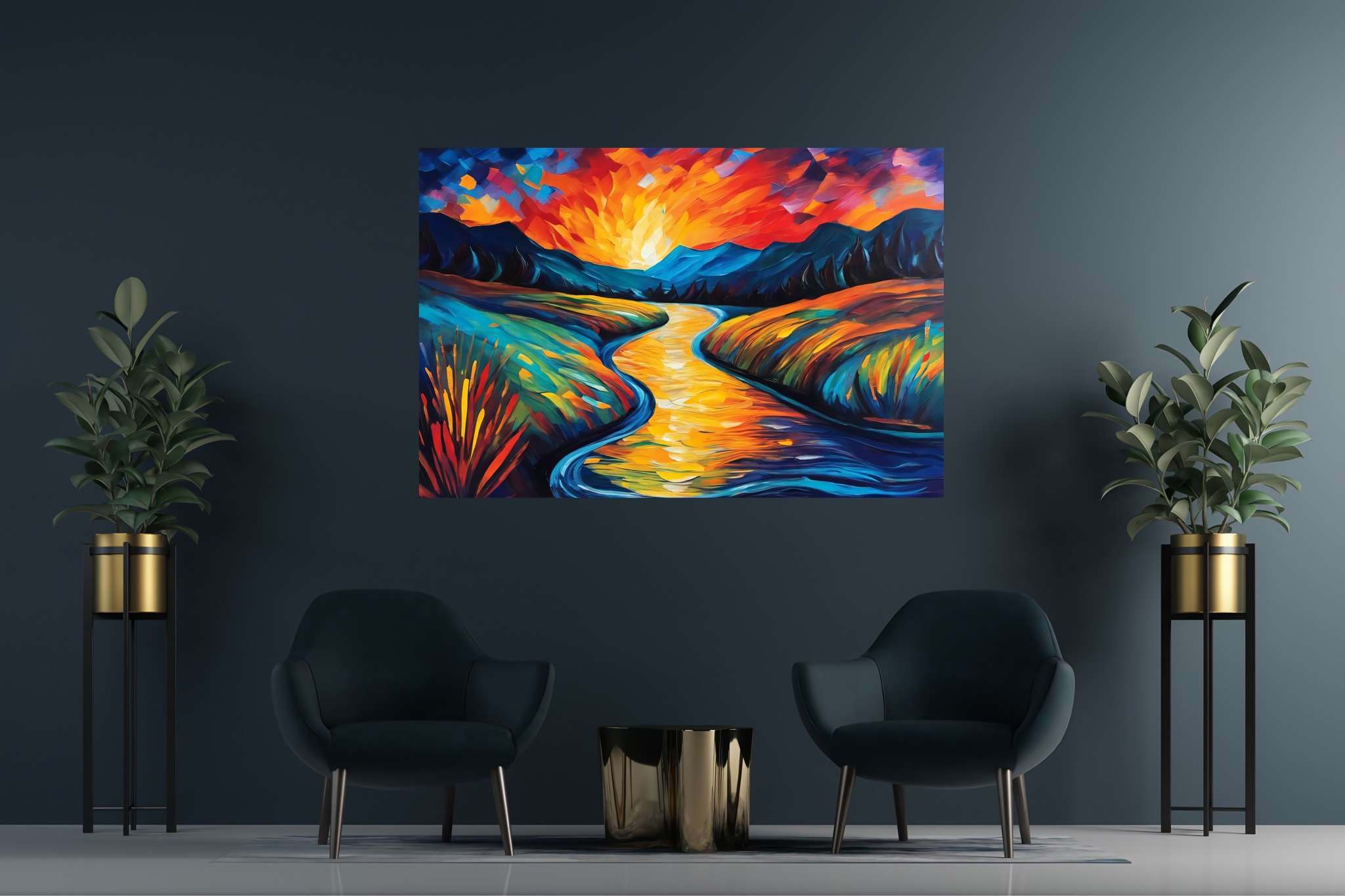 Serene embrace of dusk: Scenic art with scenic images, in a room with artistic style, mural artworks, and home furnishings. The art can be printed on poster, framed poster, canvas, metal, acrylic or wood, exclusively at WallArtZen. Find this exact print at https://wallartzen.com/waz277