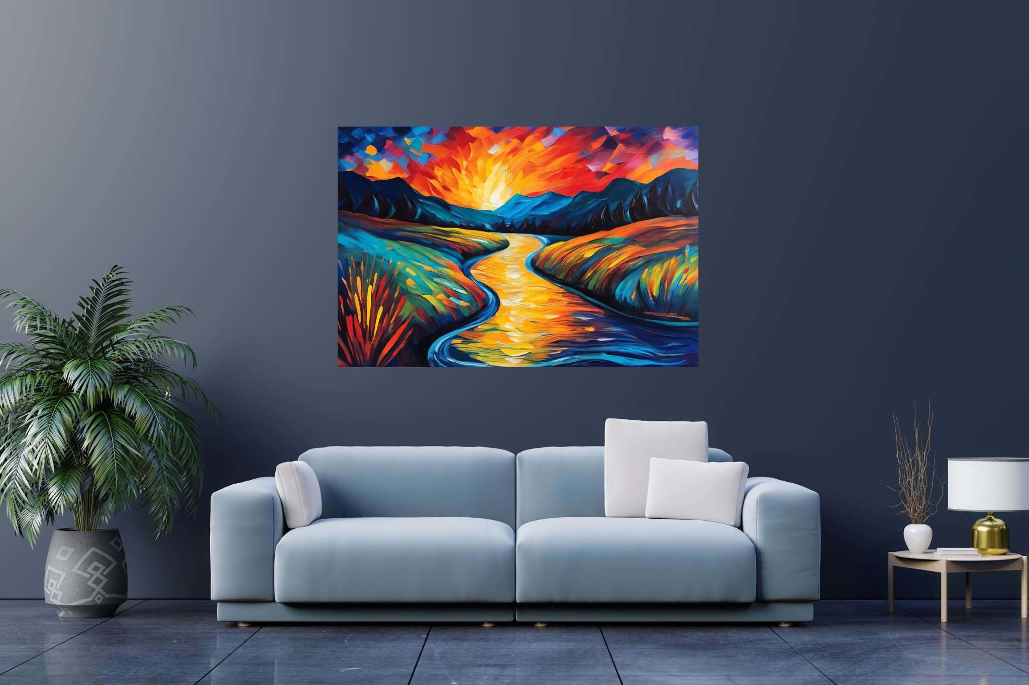 Serene embrace of dusk: Scenic art with landscape painting, in a room with contemporary flair, wall art, and home furnishings. The art can be printed on poster, framed poster, canvas, metal, acrylic or wood, exclusively at WallArtZen. Find this exact print at https://wallartzen.com/waz277