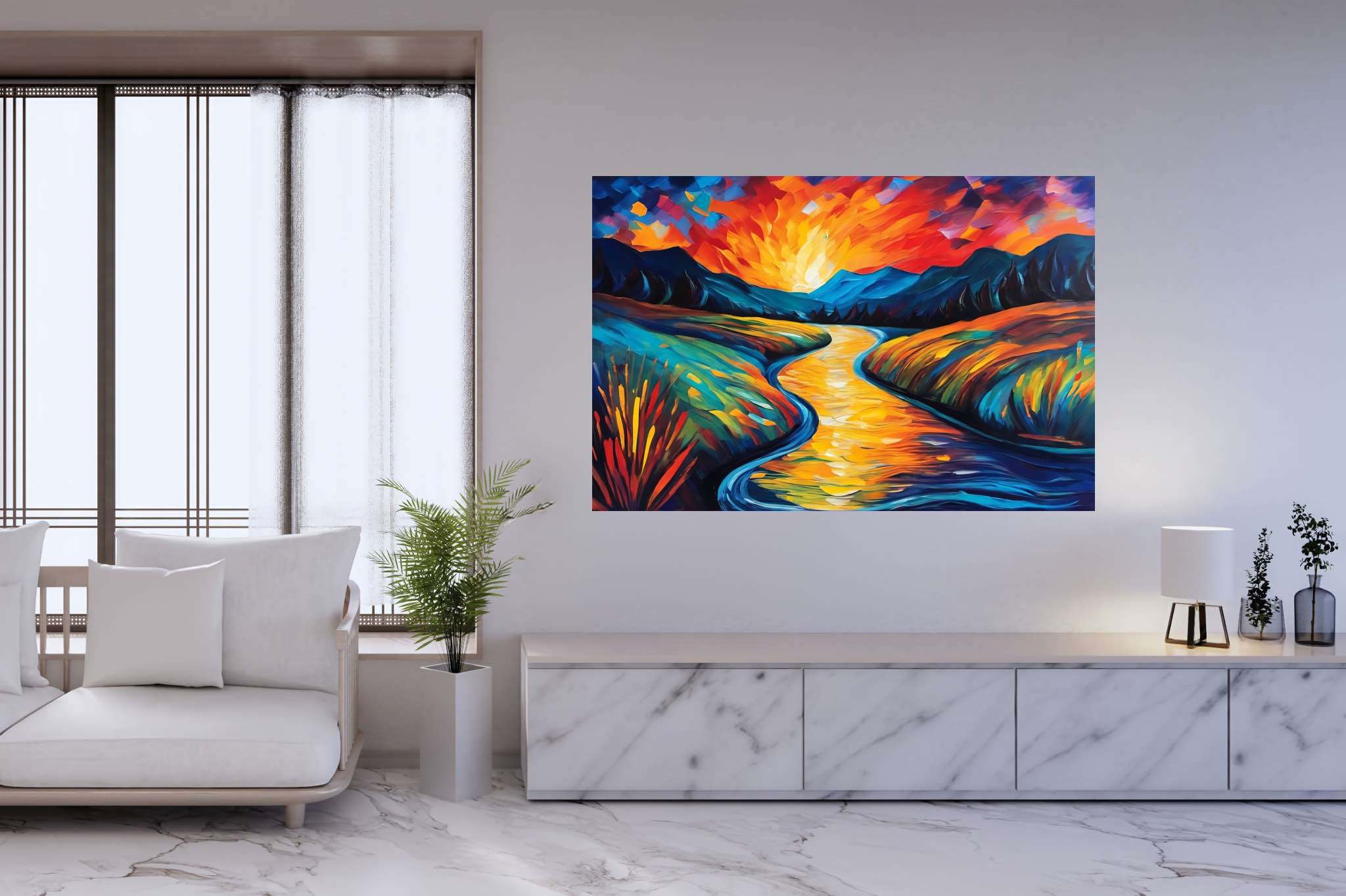 Serene embrace of dusk: Scenic art with scenic photography, in a room with urban design, mural artworks, and luxe decor. The art can be printed on poster, framed poster, canvas, metal, acrylic or wood, exclusively at WallArtZen. Find this exact print at https://wallartzen.com/waz277