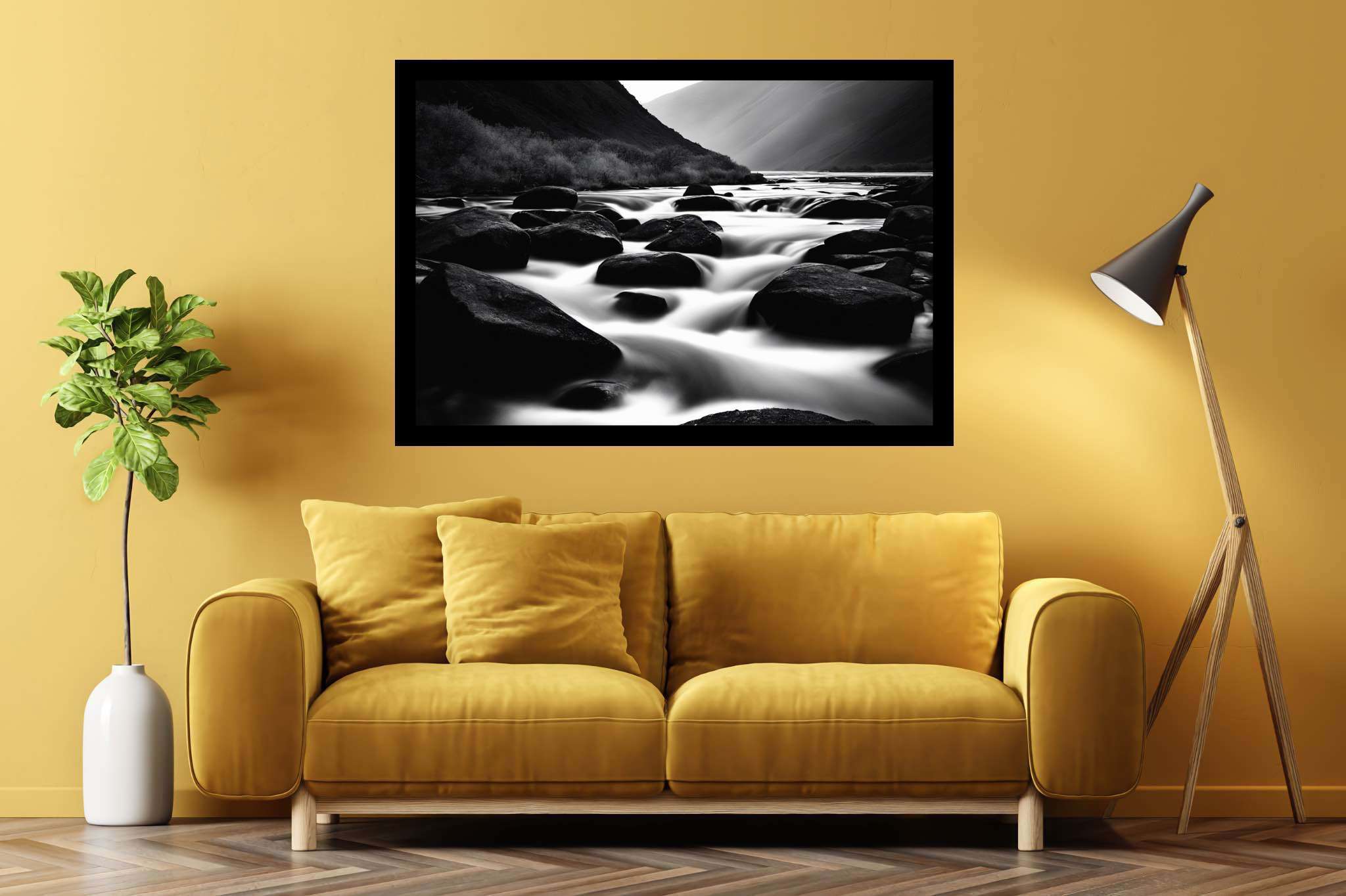 Eternal flowing serenade: Landscape art with landscape art, in a room with great design, wall art, and designer furniture. The art can be printed on poster, framed poster, canvas, metal, acrylic or wood, exclusively at WallArtZen. Find this exact print at https://wallartzen.com/waz279