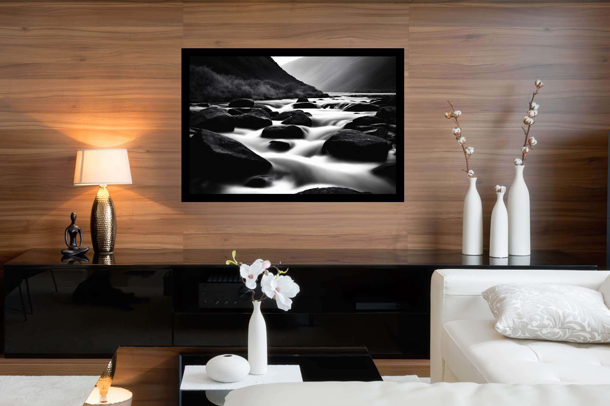 Eternal flowing serenade: Landscape art with landscape artists, in a room with innovative layout, framed art, and luxe decor. The art can be printed on poster, framed poster, canvas, metal, acrylic or wood, exclusively at WallArtZen. Find this exact print at https://wallartzen.com/waz279
