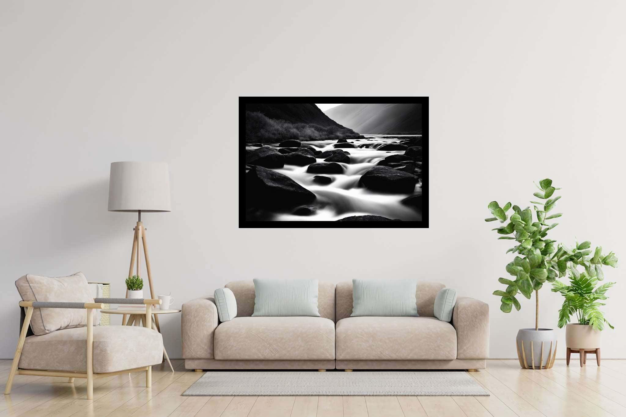 Eternal flowing serenade: Landscape art with landscape impressions, in a room with innovative layout, photographic wall art, and luxe decor. The art can be printed on poster, framed poster, canvas, metal, acrylic or wood, exclusively at WallArtZen. Find this exact print at https://wallartzen.com/waz279
