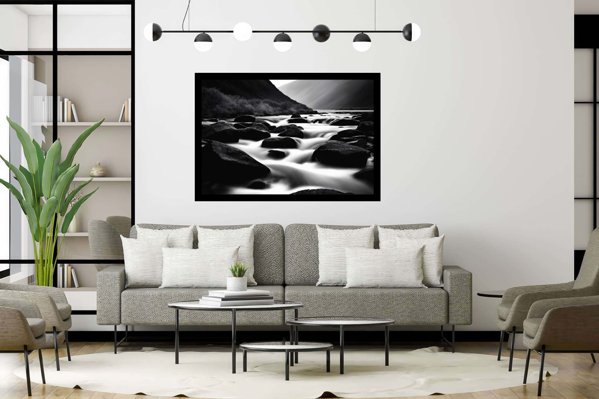 Eternal flowing serenade: Landscape art with panoramic landscapes, in a room with chic decor, gallery-quality artwork, and stylish accessories. The art can be printed on poster, framed poster, canvas, metal, acrylic or wood, exclusively at WallArtZen. Find this exact print at https://wallartzen.com/waz279