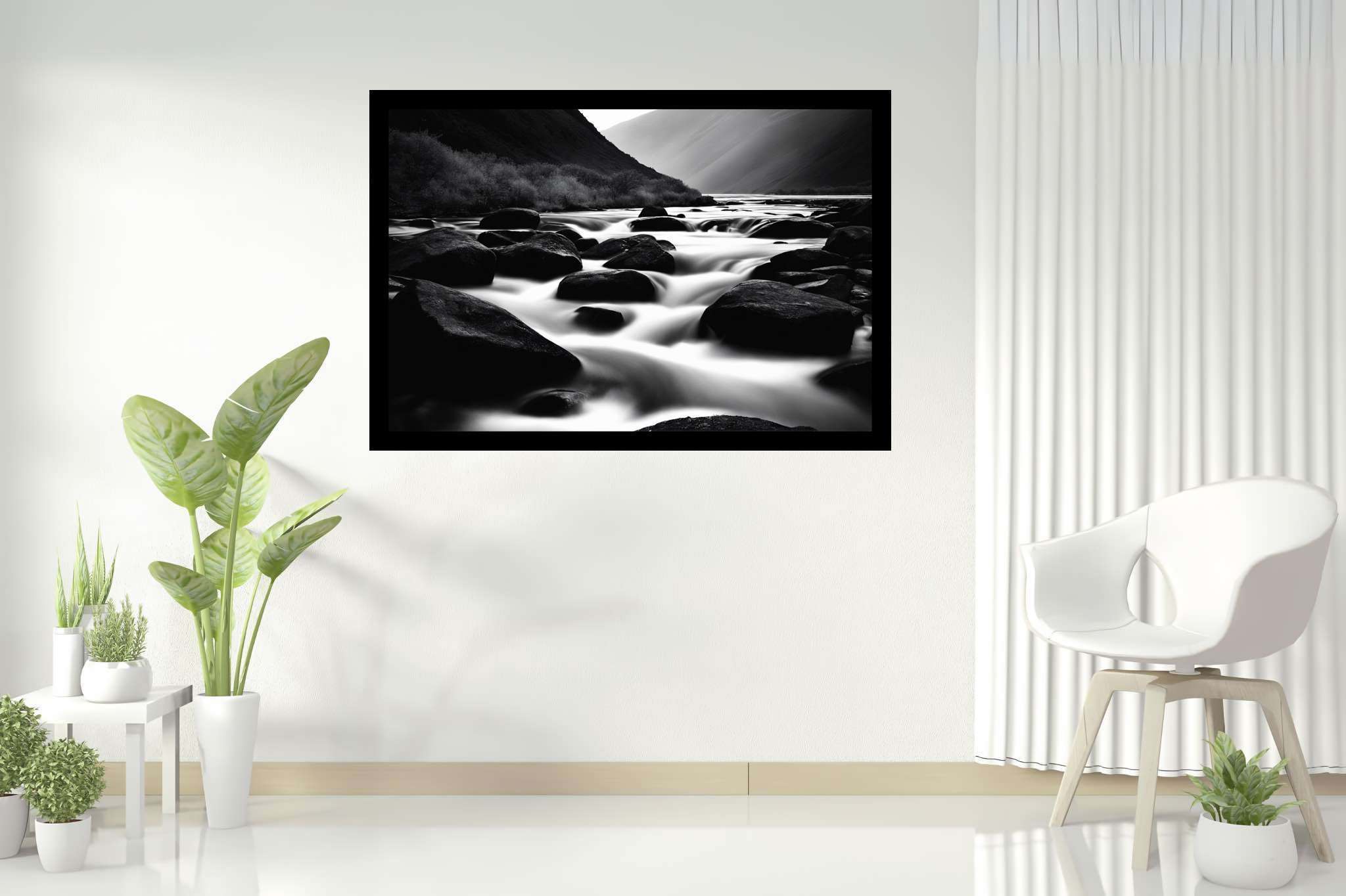 Eternal flowing serenade: Landscape art with landscape inspired, in a room with contemporary flair, gallery-quality artwork, and decorative pieces. The art can be printed on poster, framed poster, canvas, metal, acrylic or wood, exclusively at WallArtZen. Find this exact print at https://wallartzen.com/waz279