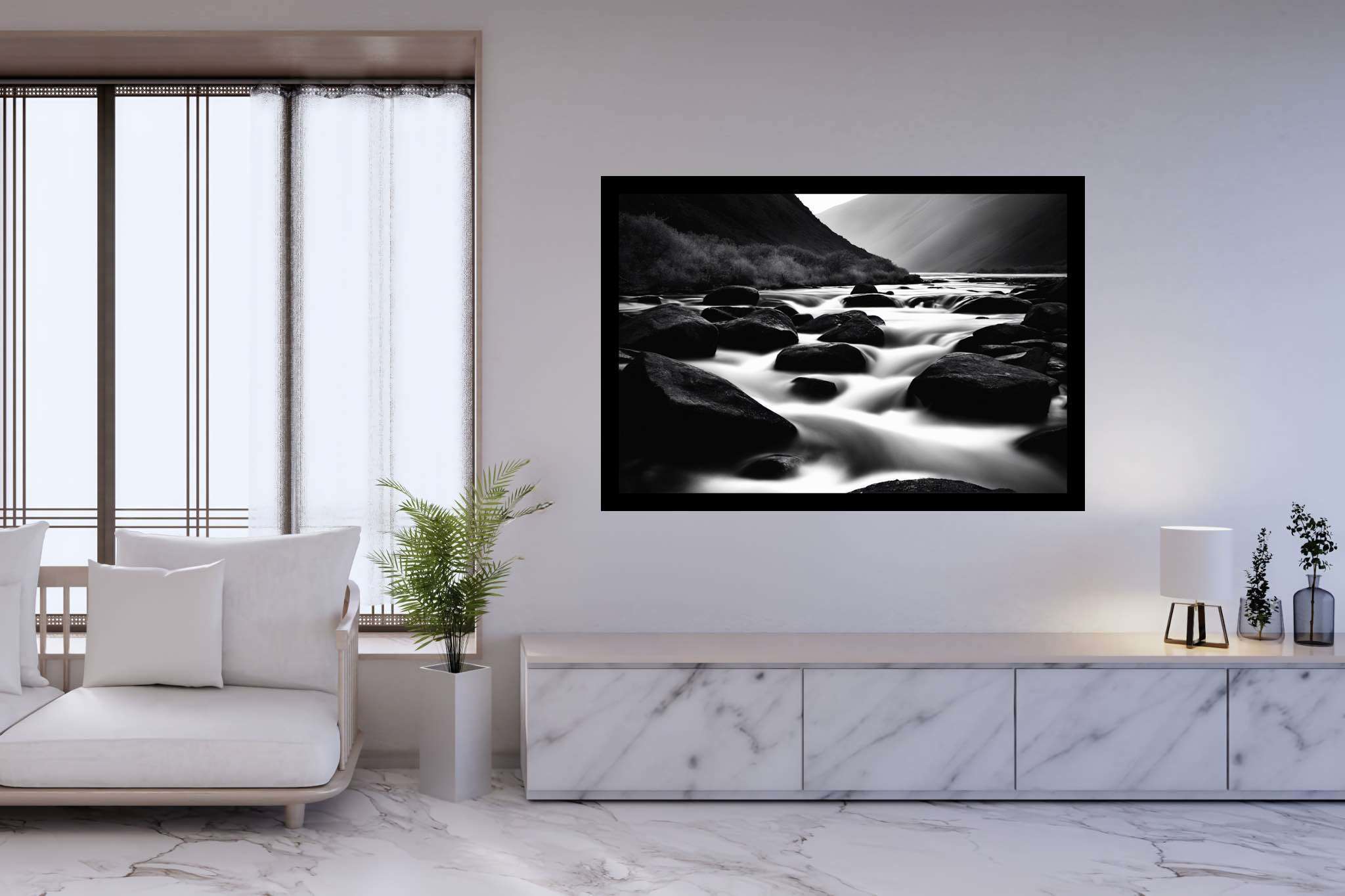 Eternal flowing serenade: Landscape art with outdoor scenery, in a room with modern style, bespoke art designs, and trendy home accents. The art can be printed on poster, framed poster, canvas, metal, acrylic or wood, exclusively at WallArtZen. Find this exact print at https://wallartzen.com/waz279