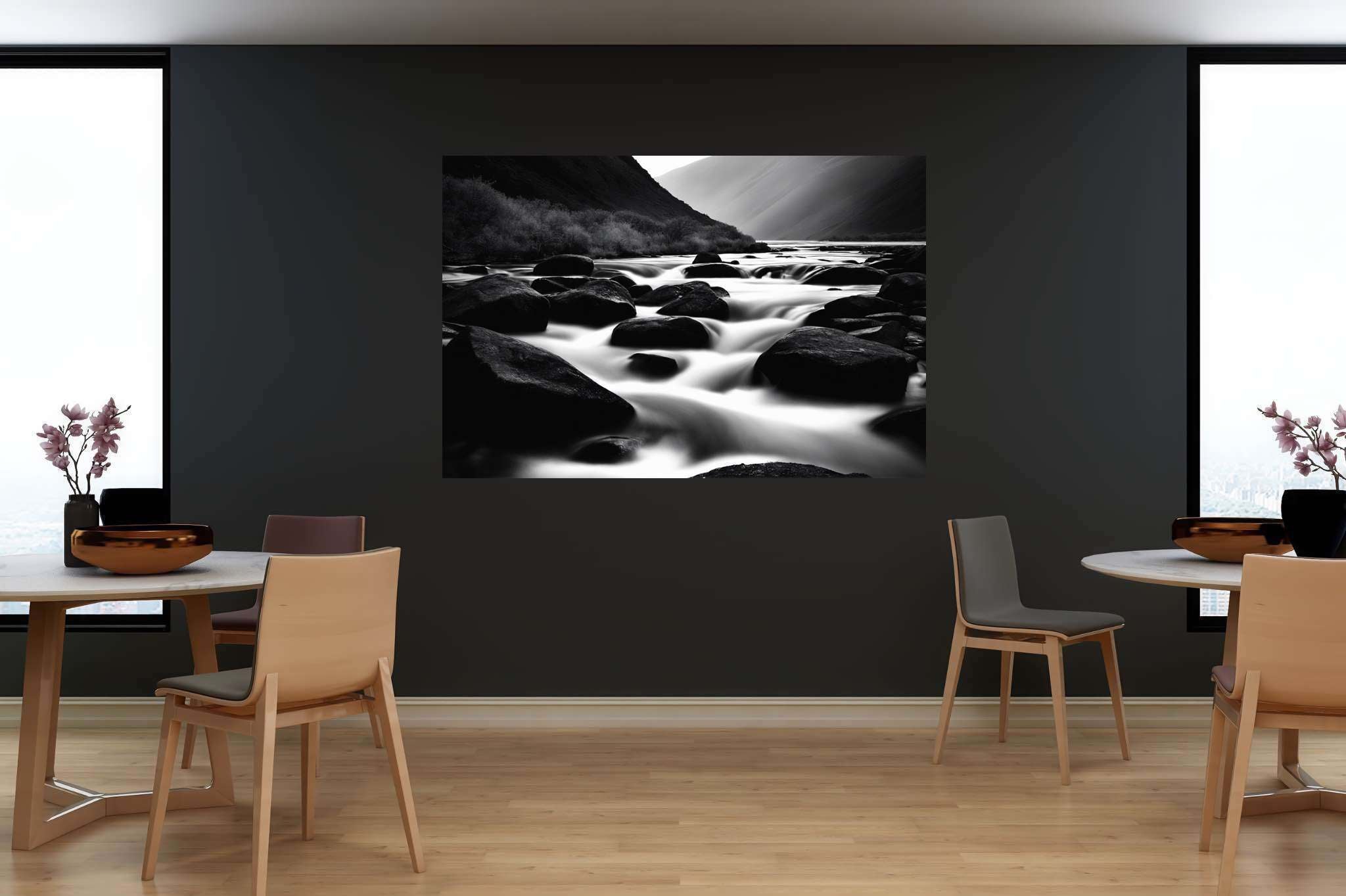 Eternal flowing serenade: Landscape art with landscape inspired, in a room with great design, fine art prints, and artisan decor. The art can be printed on poster, framed poster, canvas, metal, acrylic or wood, exclusively at WallArtZen. Find this exact print at https://wallartzen.com/waz279