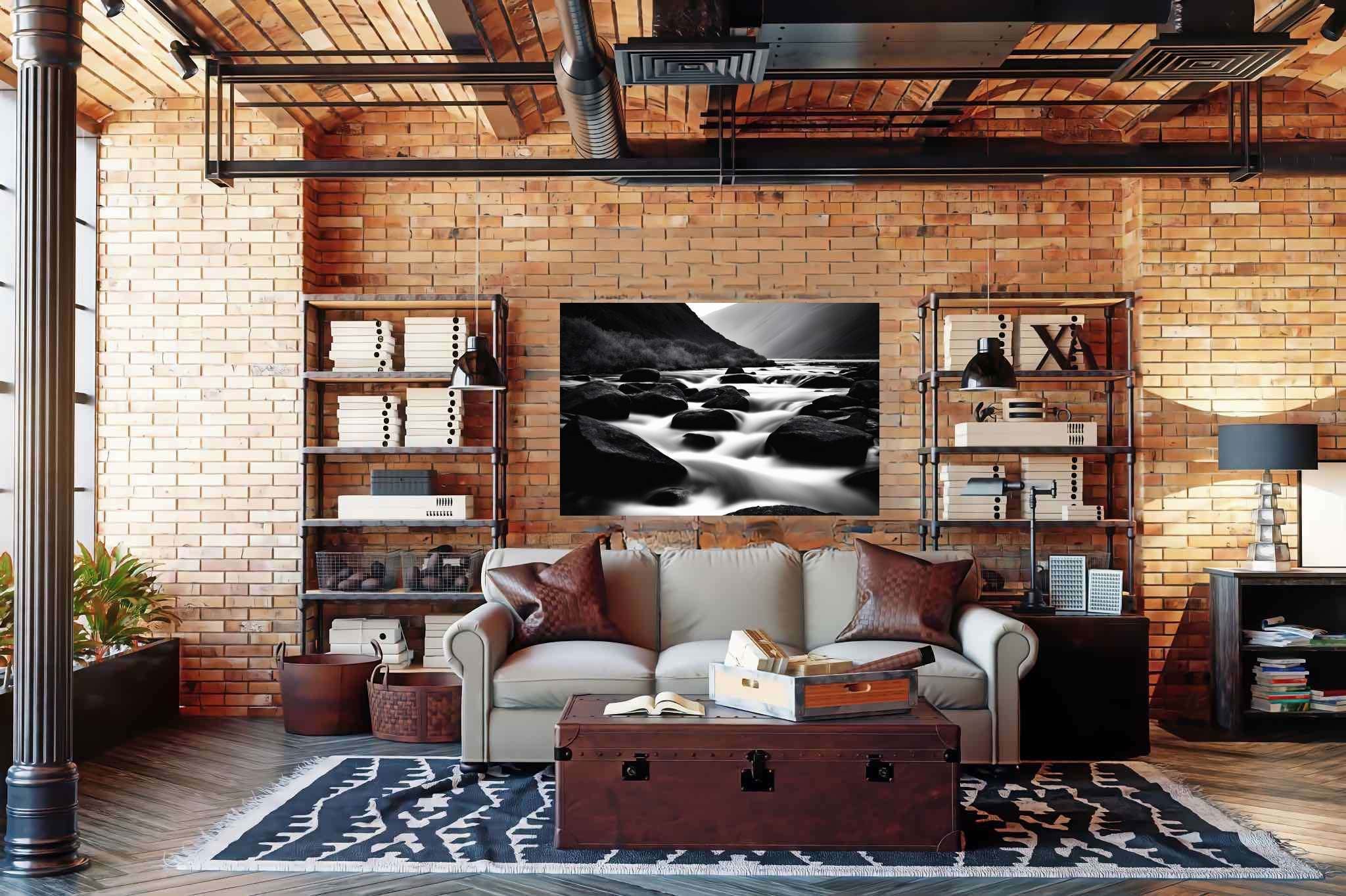 Eternal flowing serenade: Landscape art with panoramic landscapes, in a room with classic elegance, wall hangings, and home furnishings. The art can be printed on poster, framed poster, canvas, metal, acrylic or wood, exclusively at WallArtZen. Find this exact print at https://wallartzen.com/waz279