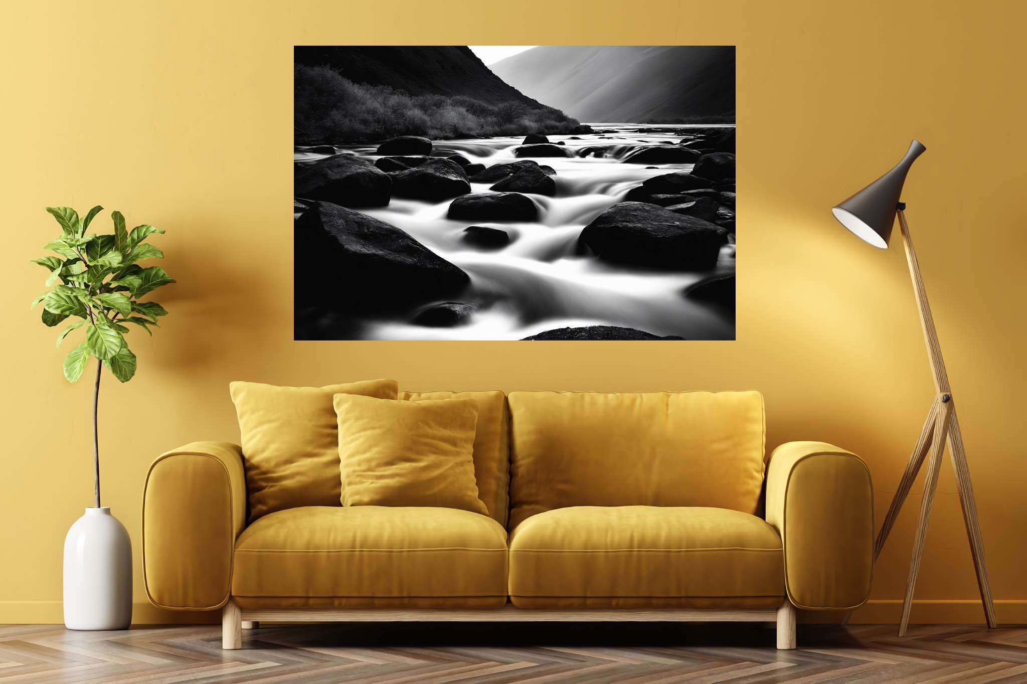 Eternal flowing serenade: Landscape art with art in nature, in a room with great design, wall art, and interior decorations. The art can be printed on poster, framed poster, canvas, metal, acrylic or wood, exclusively at WallArtZen. Find this exact print at https://wallartzen.com/waz279