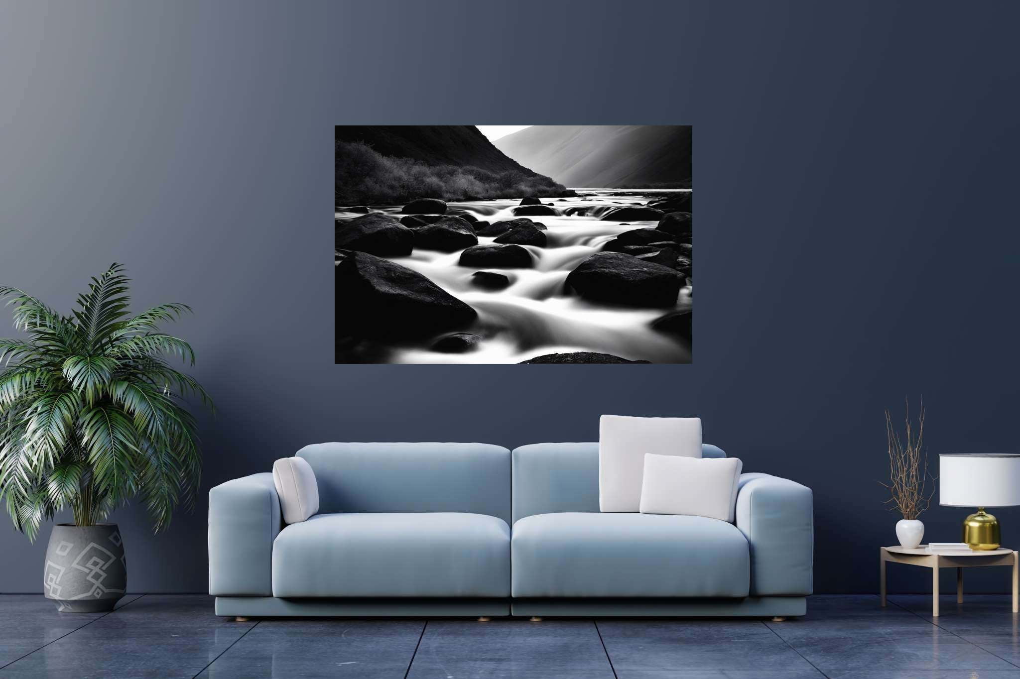 Eternal flowing serenade: Landscape art with art in nature, in a room with contemporary flair, abstract paintings, and home styling items. The art can be printed on poster, framed poster, canvas, metal, acrylic or wood, exclusively at WallArtZen. Find this exact print at https://wallartzen.com/waz279