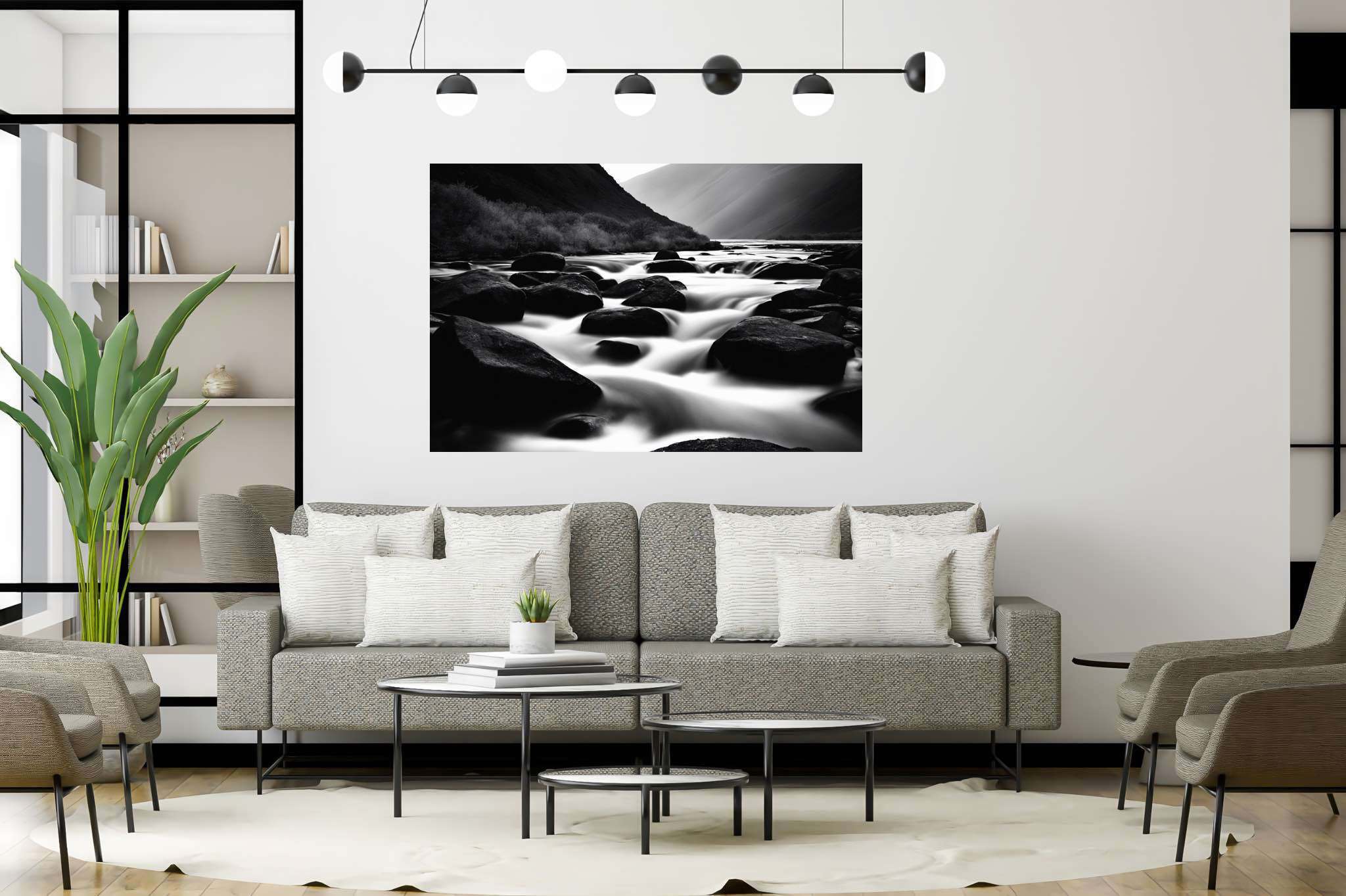 Eternal flowing serenade: Landscape art with scenic artworks, in a room with urban design, fine art prints, and designer furniture. The art can be printed on poster, framed poster, canvas, metal, acrylic or wood, exclusively at WallArtZen. Find this exact print at https://wallartzen.com/waz279