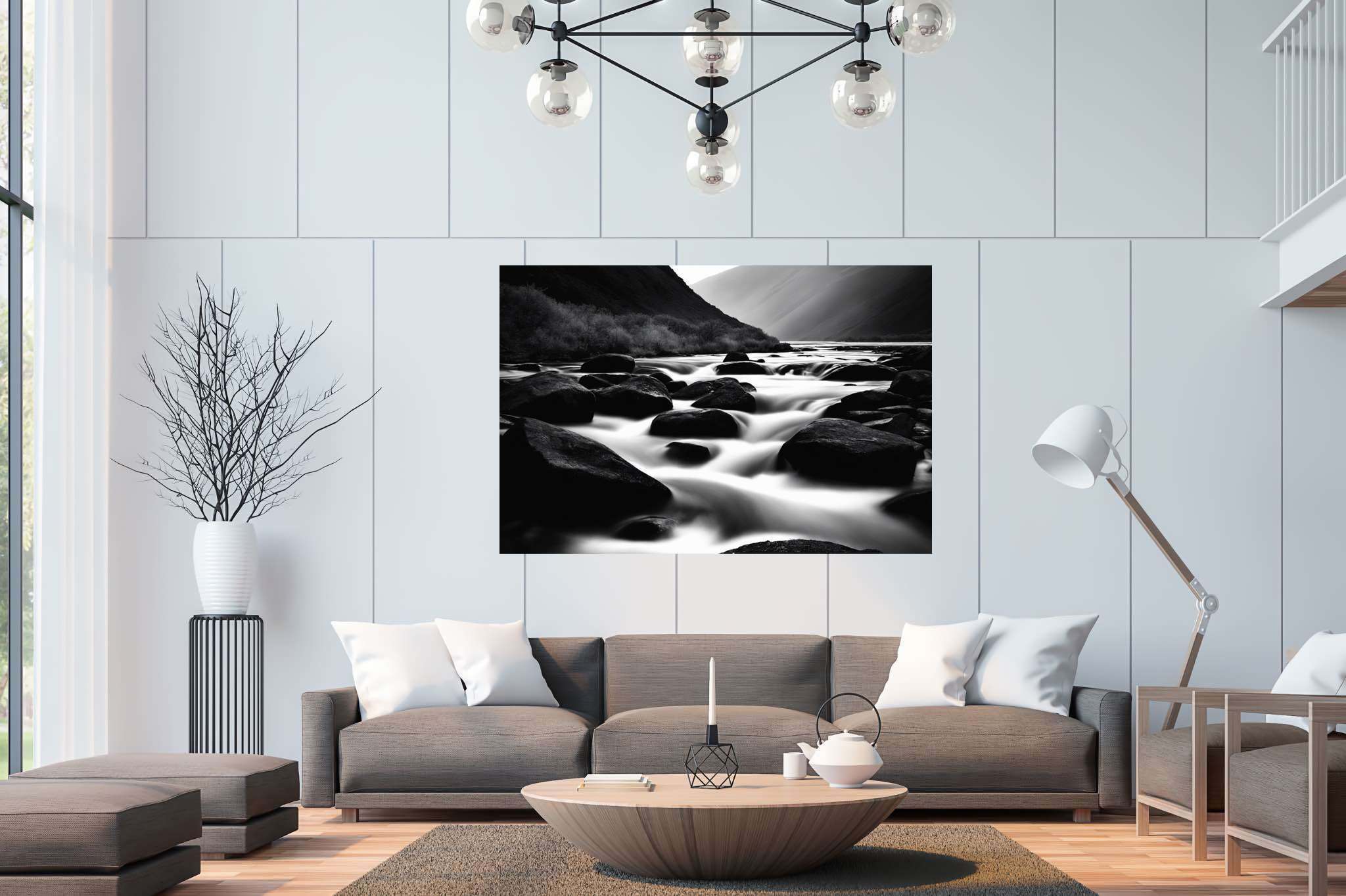Eternal flowing serenade: Landscape art with countryside landscapes, in a room with classic elegance, gallery-quality artwork, and luxe decor. The art can be printed on poster, framed poster, canvas, metal, acrylic or wood, exclusively at WallArtZen. Find this exact print at https://wallartzen.com/waz279