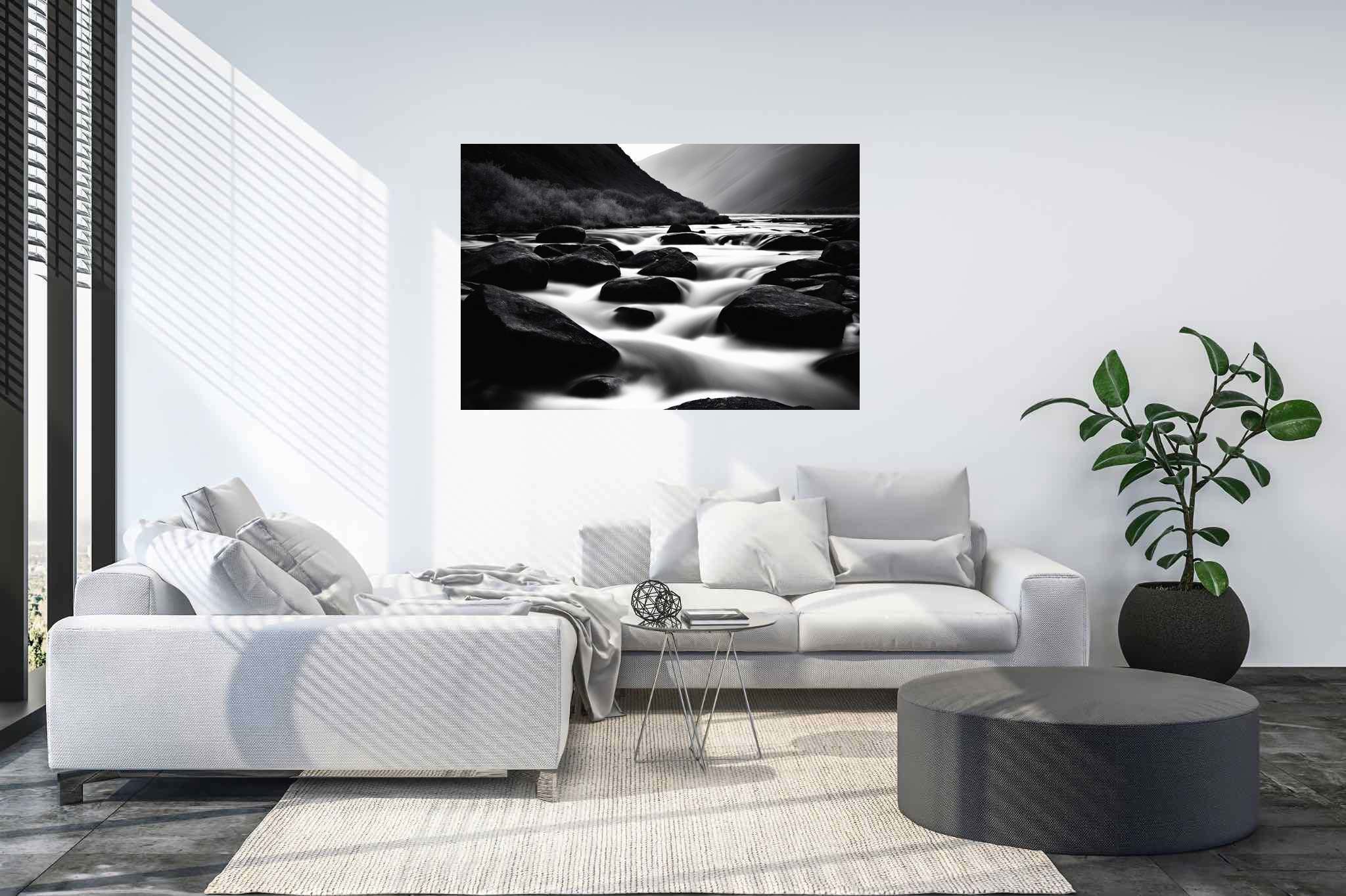 Eternal flowing serenade: Landscape art with countryside landscapes, in a room with modern style, wall hangings, and stylish accessories. The art can be printed on poster, framed poster, canvas, metal, acrylic or wood, exclusively at WallArtZen. Find this exact print at https://wallartzen.com/waz279